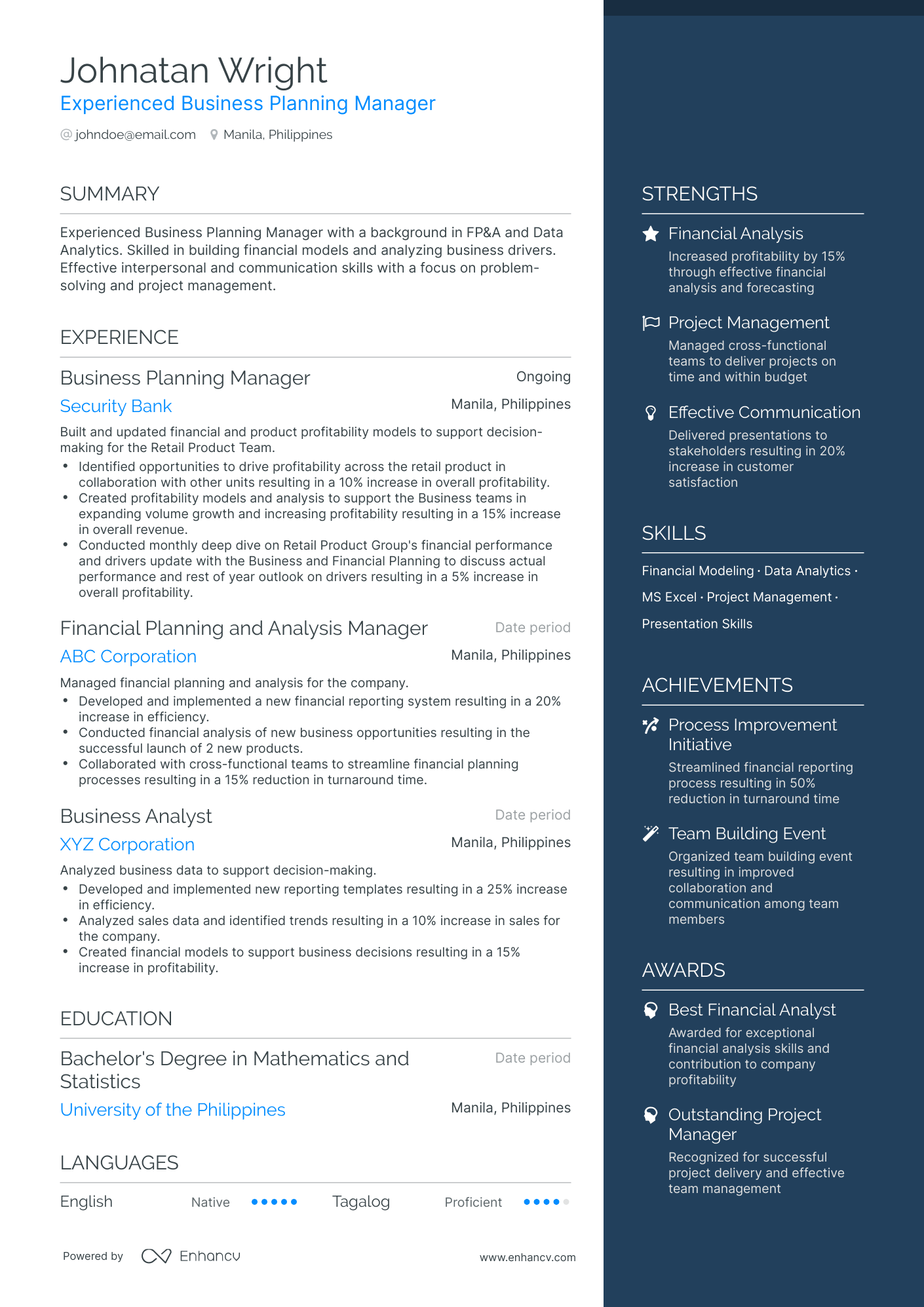 One Page Business Planning Manager Resume Template