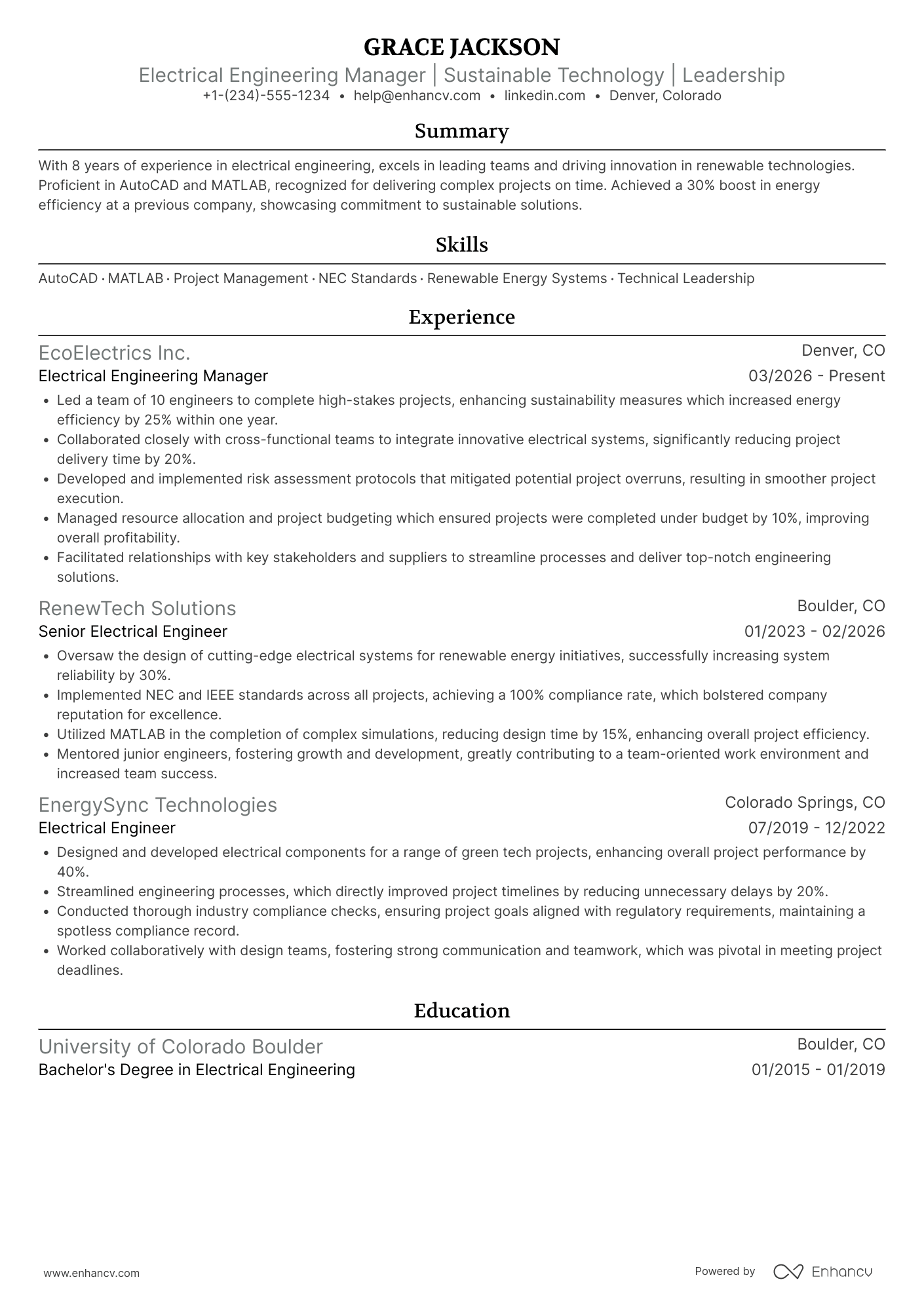 A resume example of a Electrical Engineering Manager