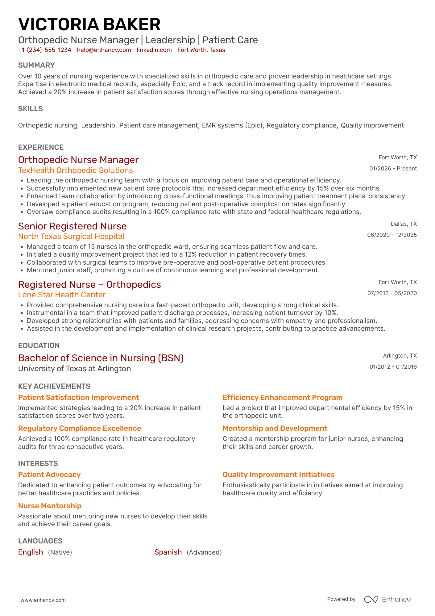 A resume example of a Orthopedic Nurse Manager