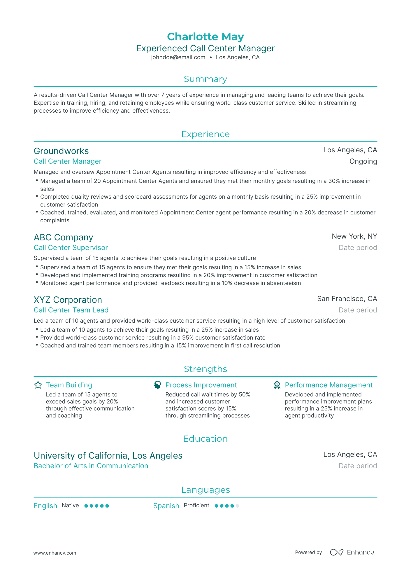 Traditional Call Center Manager Resume Template