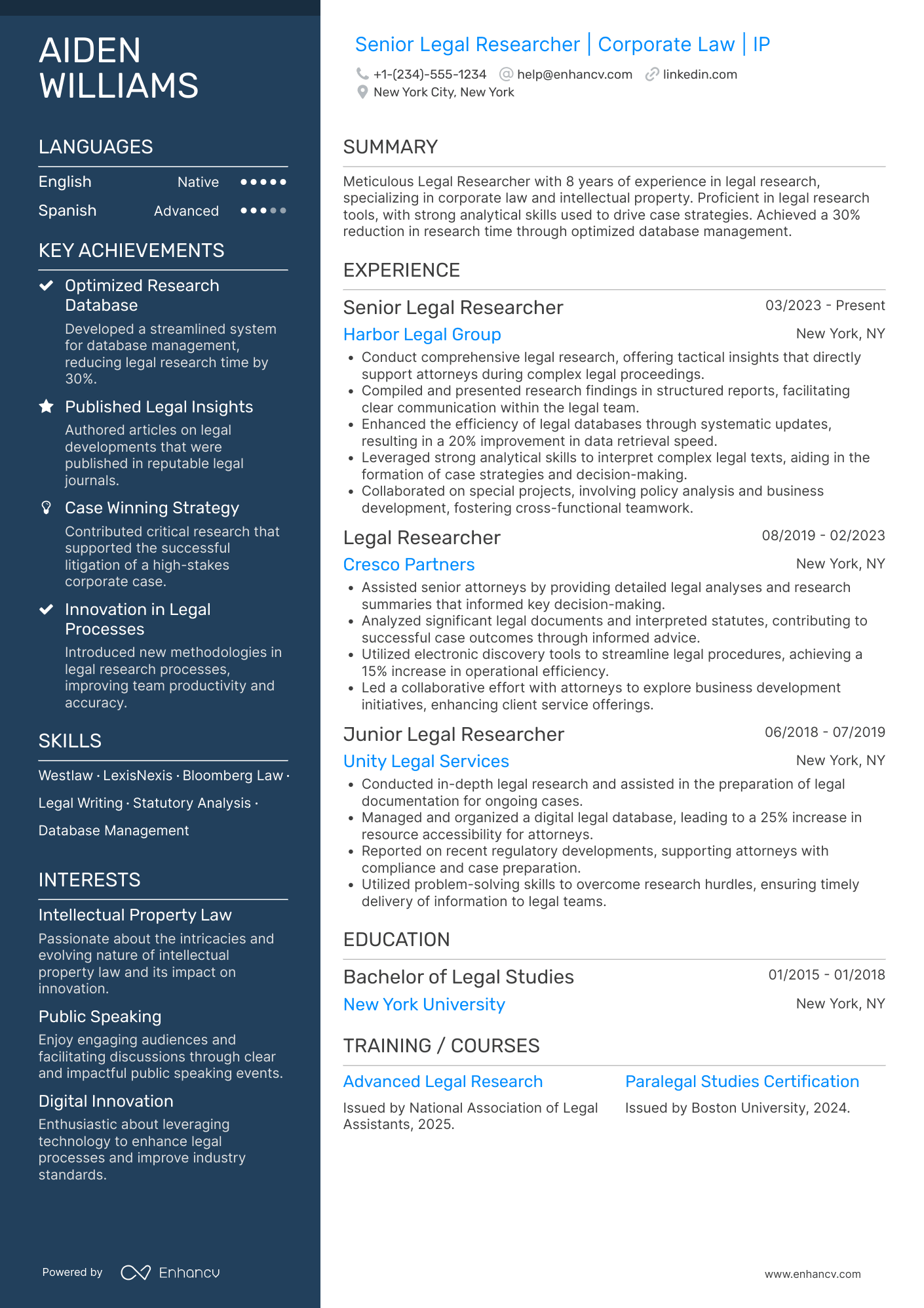 A resume example of a Legal Researcher