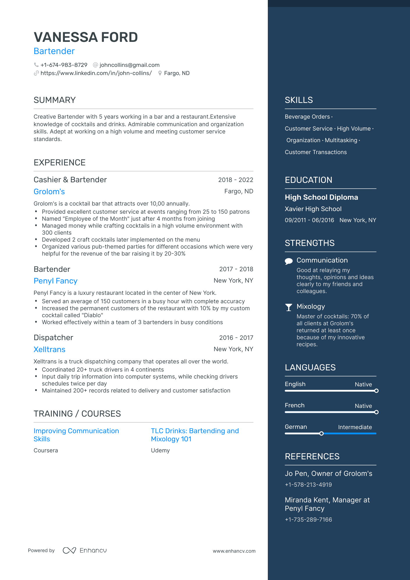 One Page Bartender Resume Template