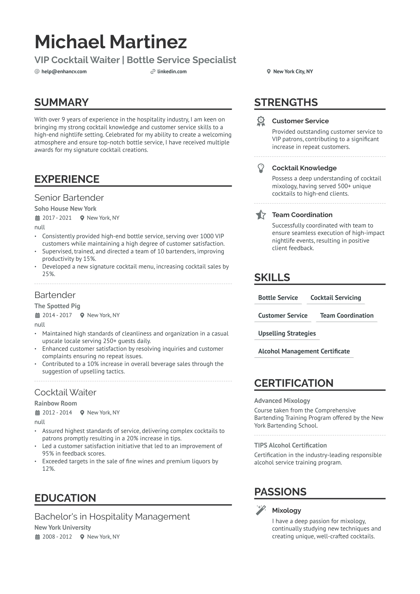 resume examples for a waitress