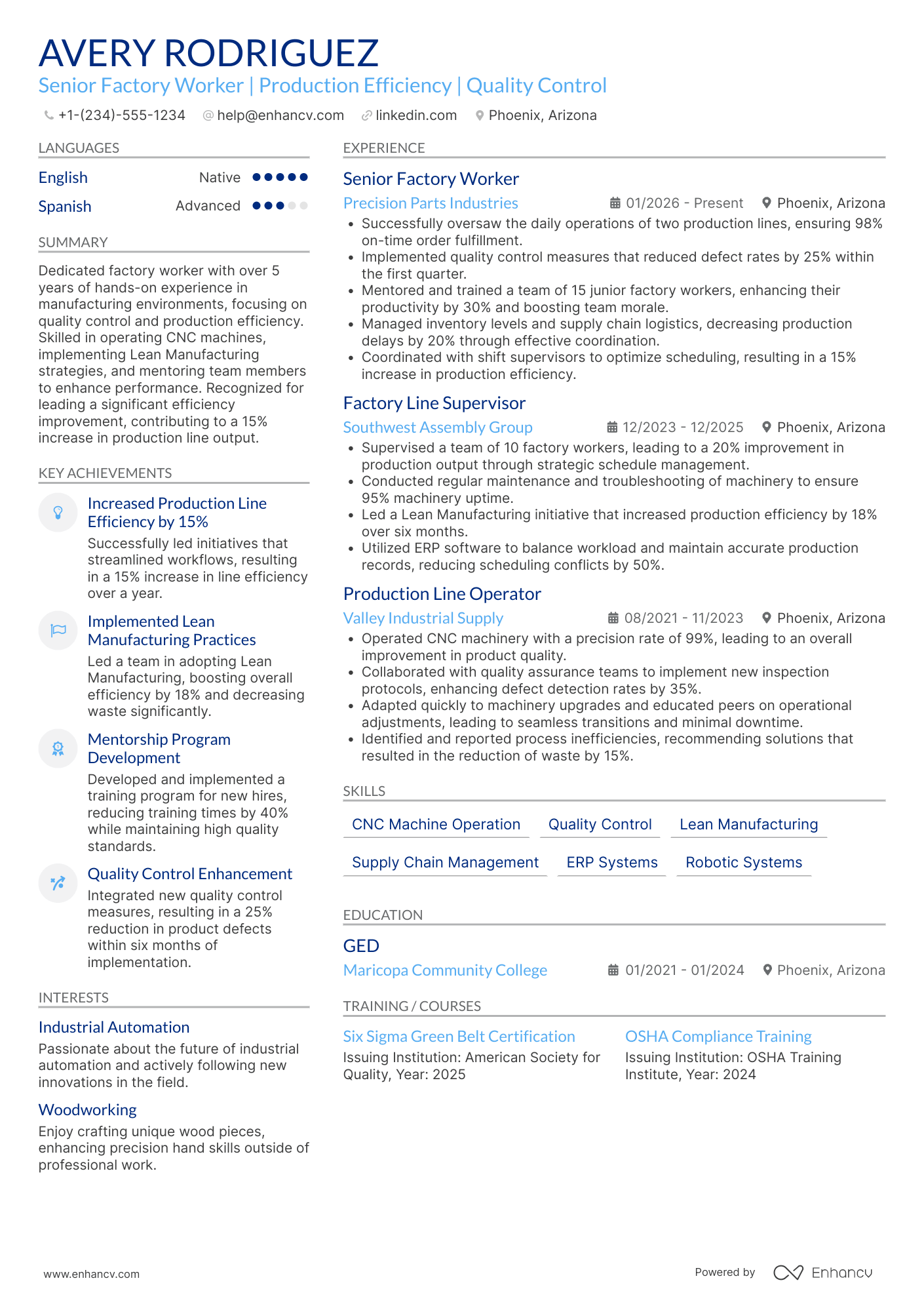 A resume example of a Senior Factory Worker