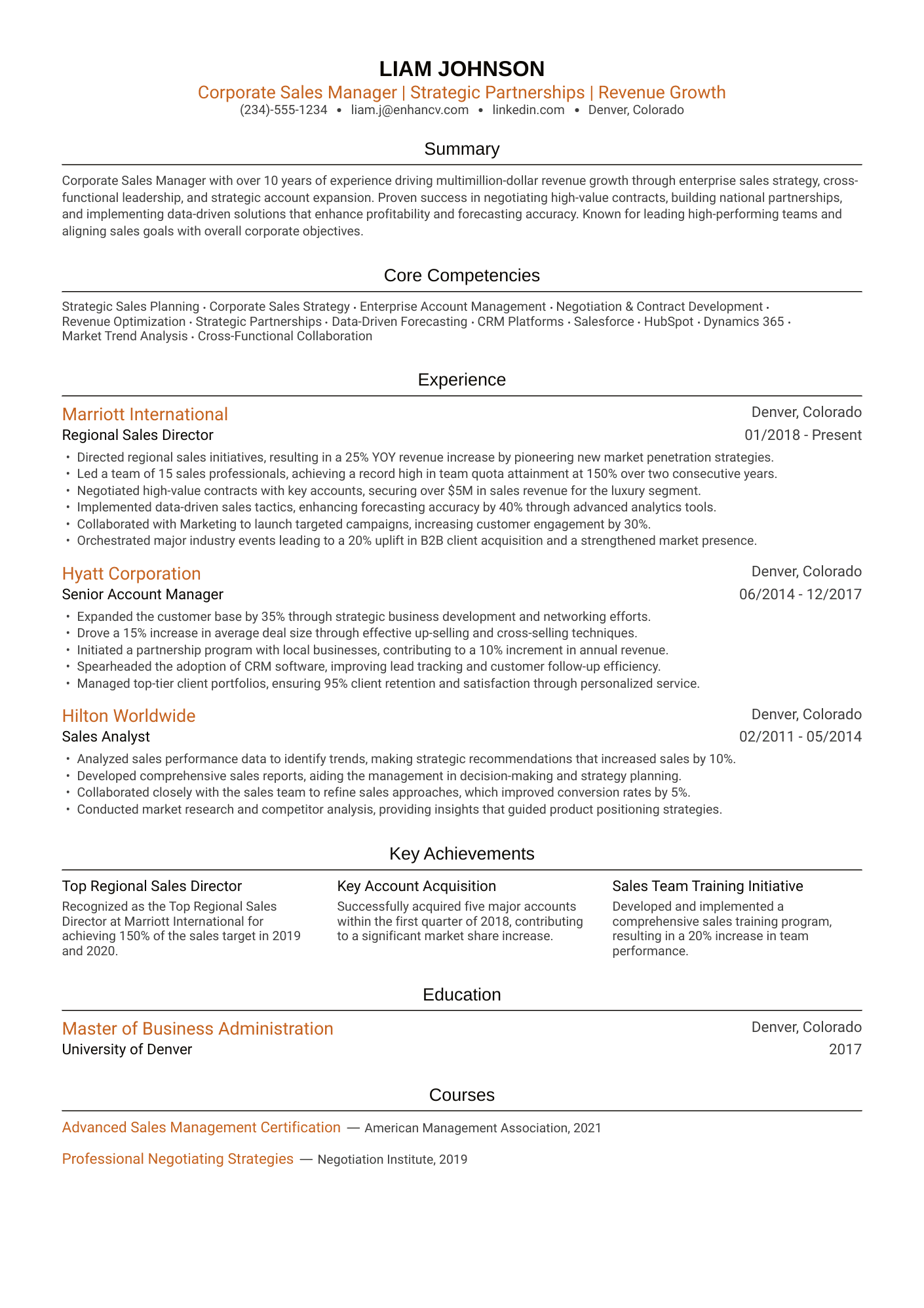 A resume example of a Corporate Sales Manager