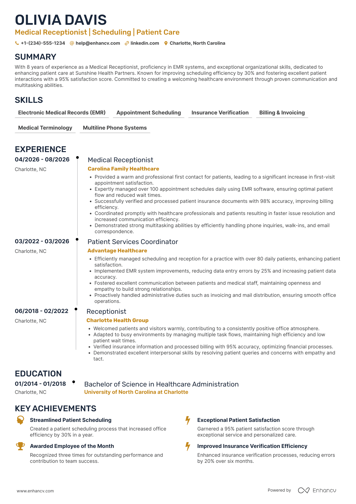 A resume example of a Medical Receptionist and Scheduler
