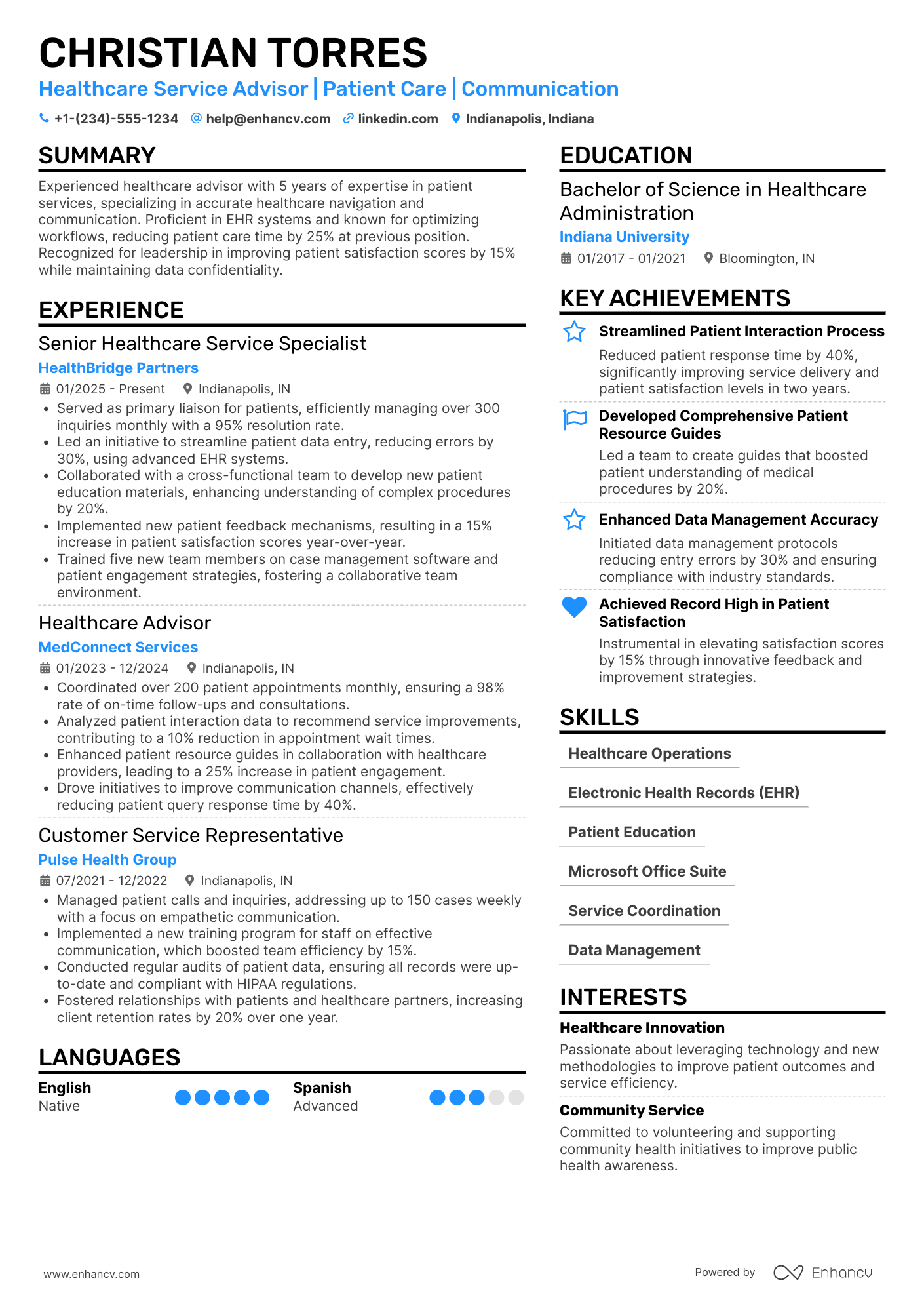 A resume example of a Healthcare Service Advisor