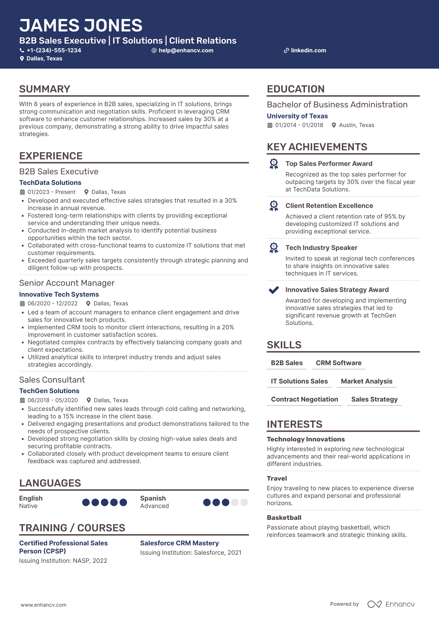 A resume example of a B2B Sales Executive