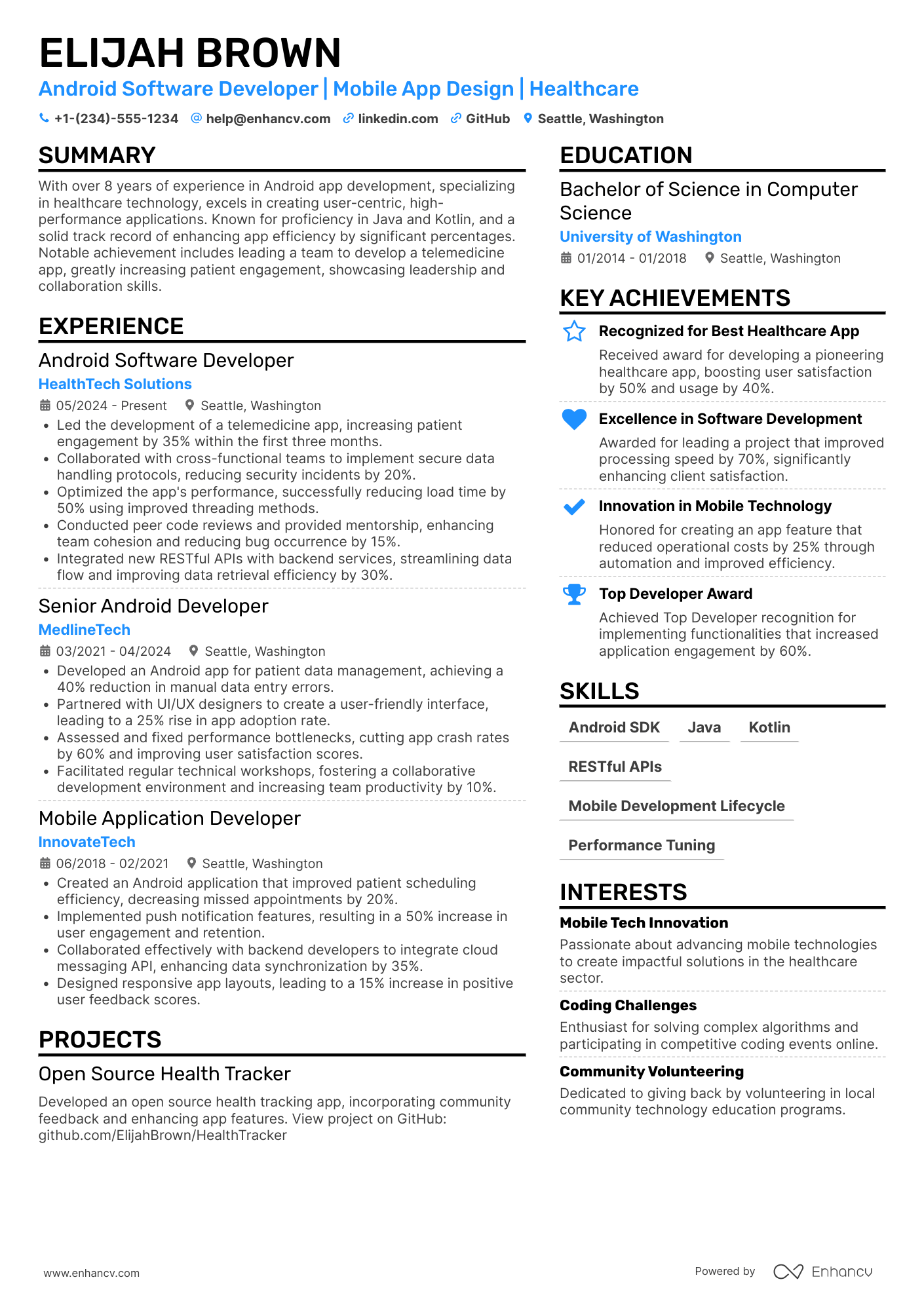 A resume example of a Android Software Developer
