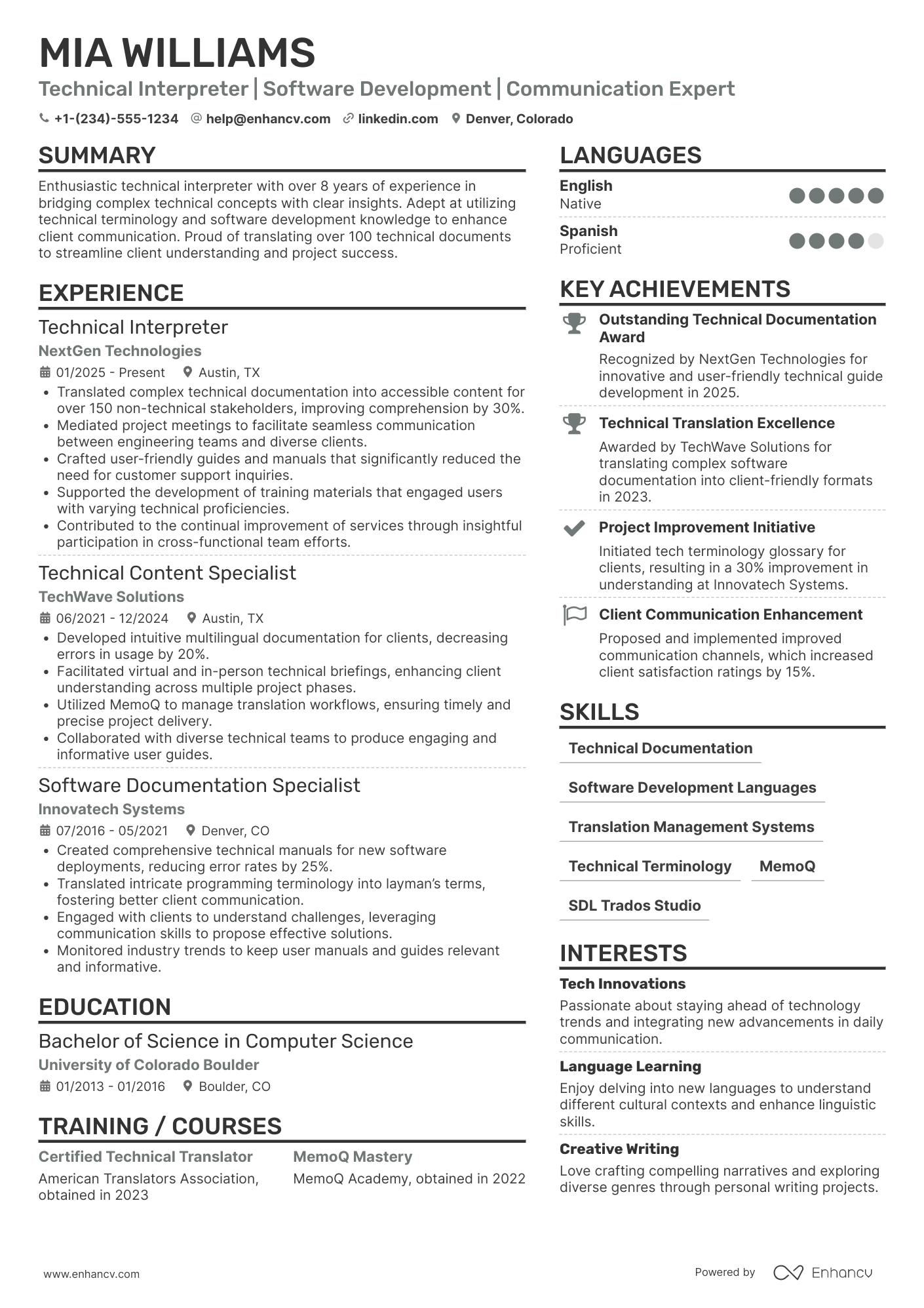 A resume example of a Technical Interpreter