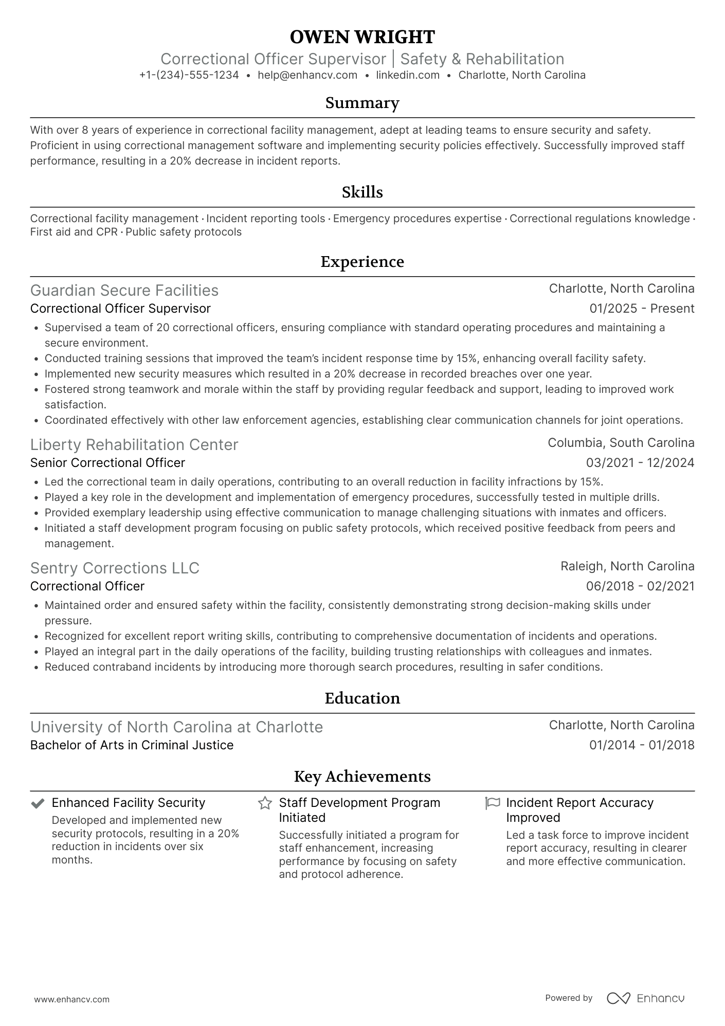 A resume example of a Correctional Officer Supervisor