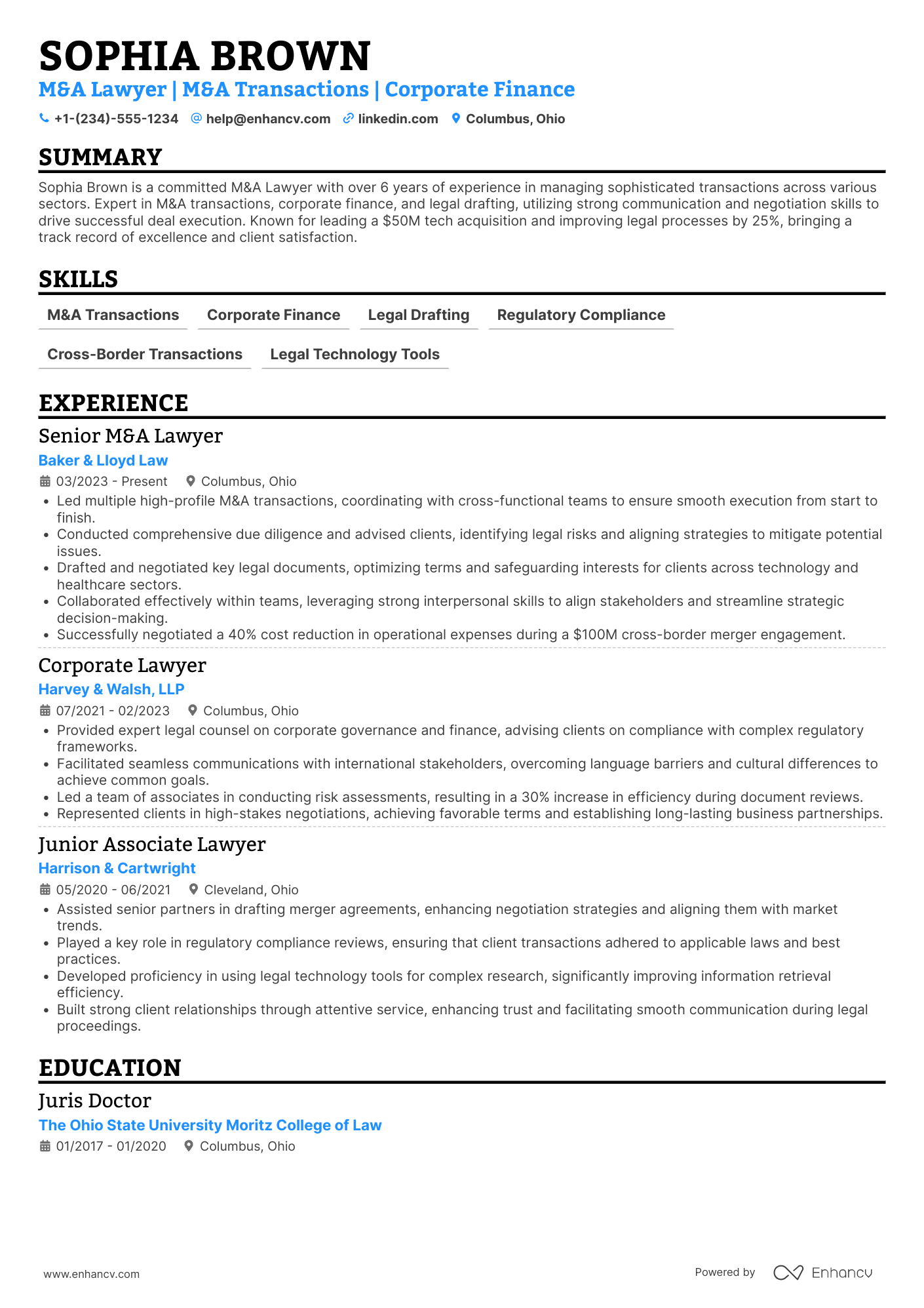 A resume example of a M&A Lawyer