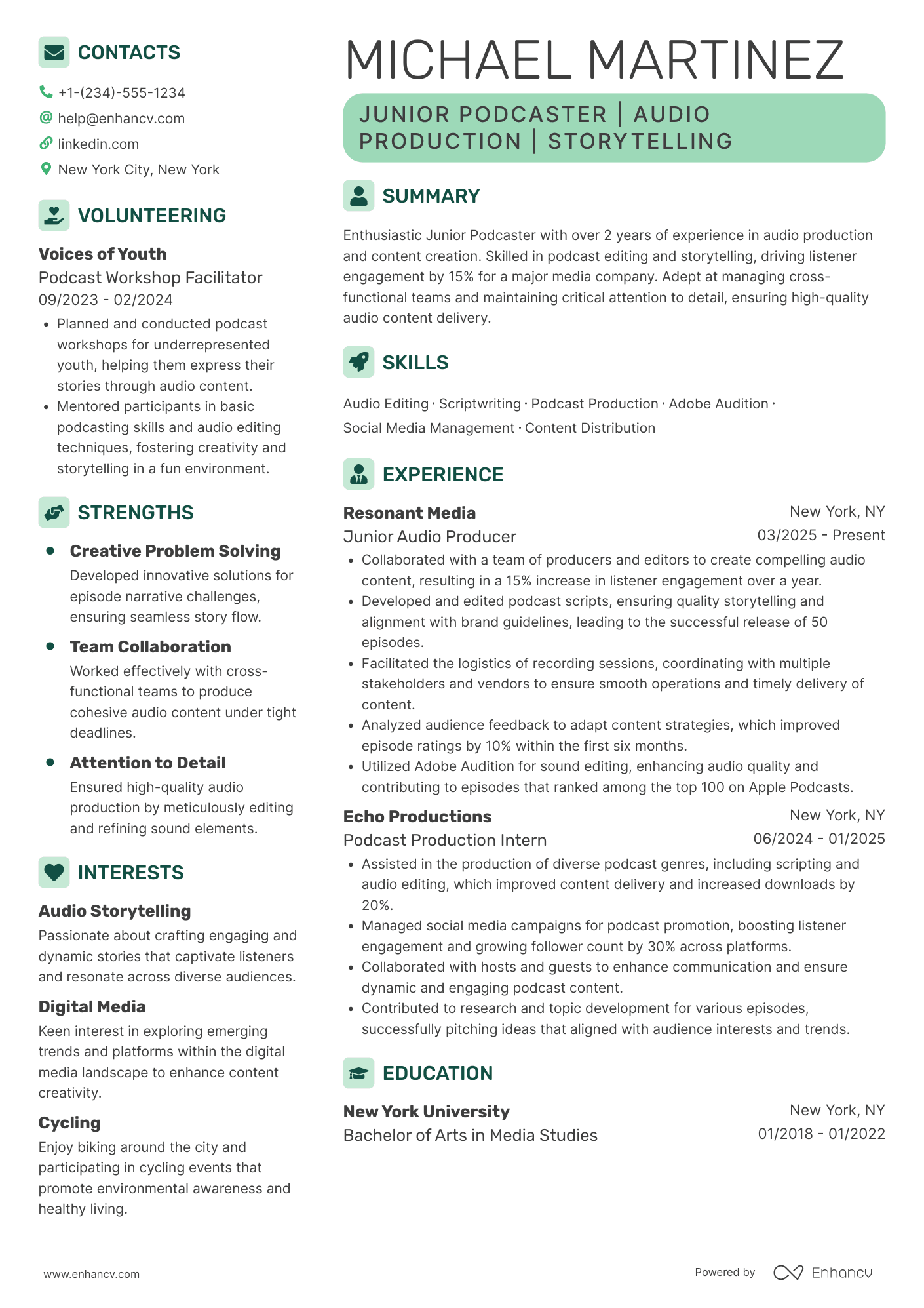 A resume example of a Junior Podcaster