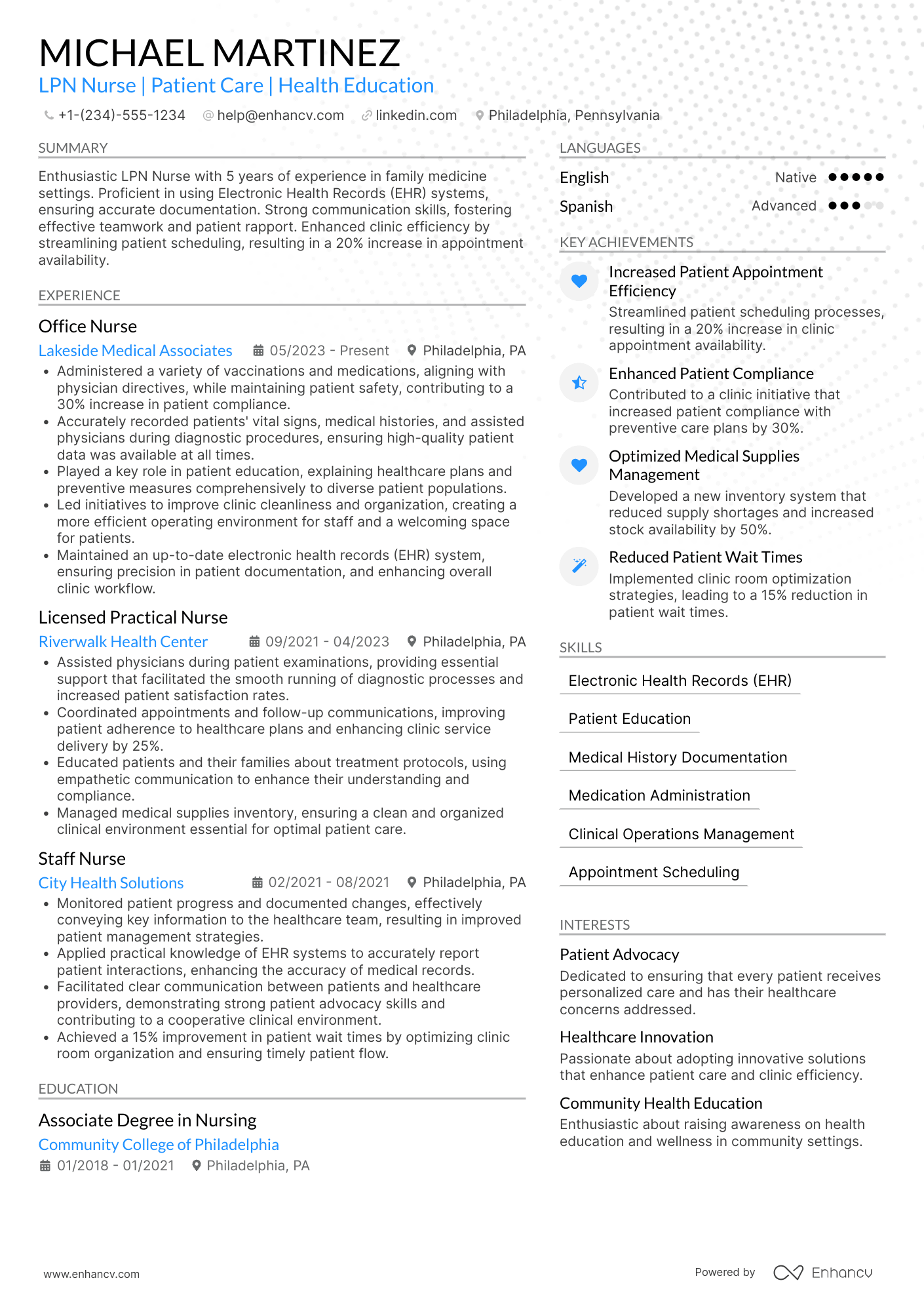 A resume example of a LPN Office Nurse