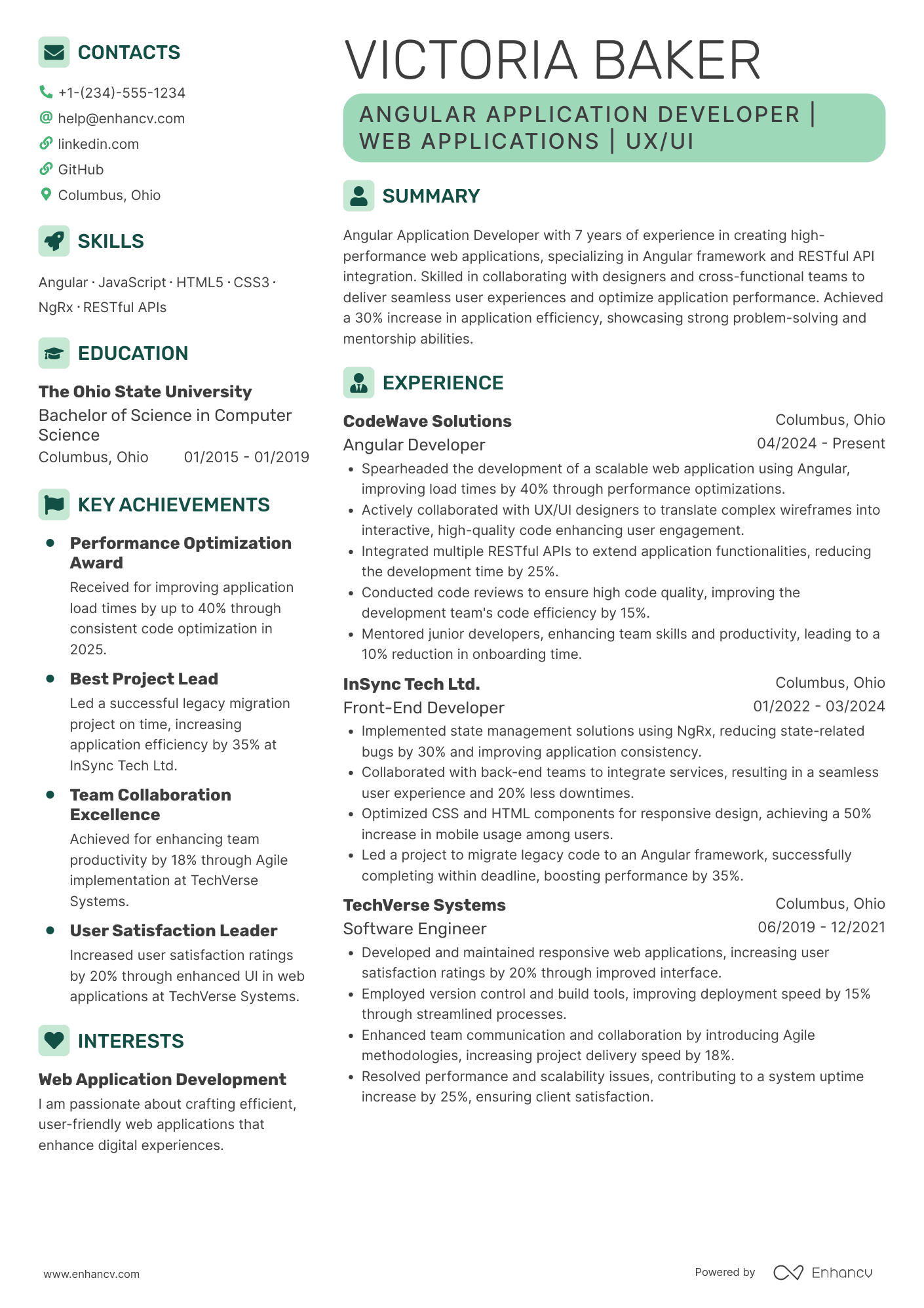 A resume example of a Angular Application Developer