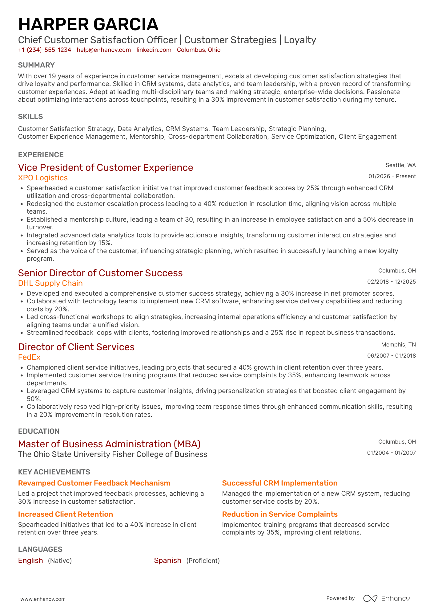 A resume example of a Chief Customer Satisfaction Officer