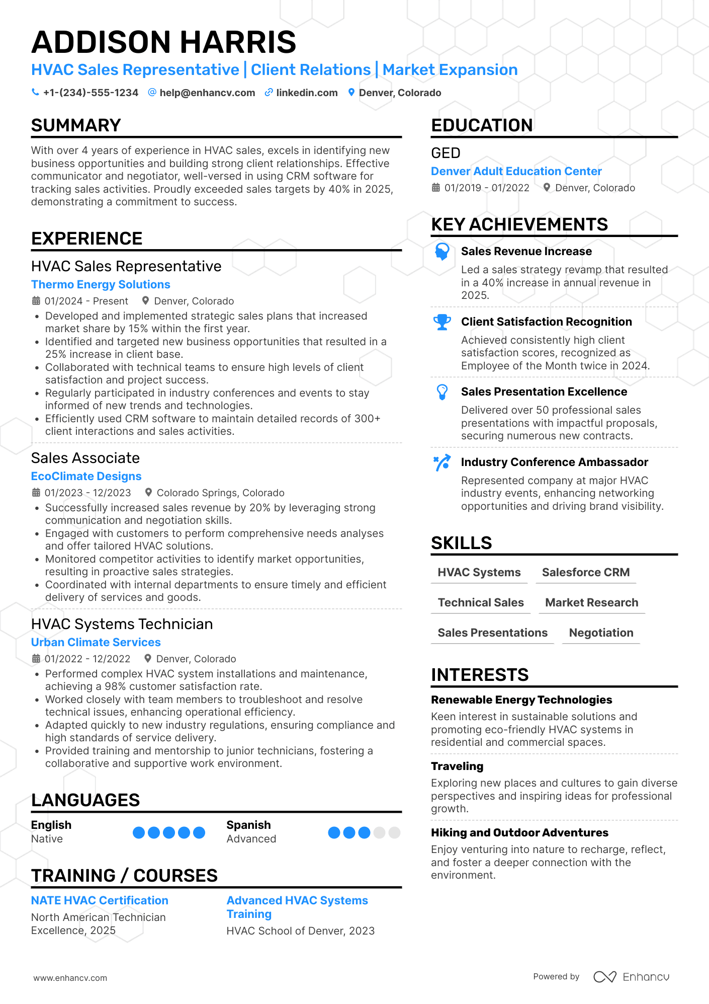 A resume example of a HVAC Sales Representative