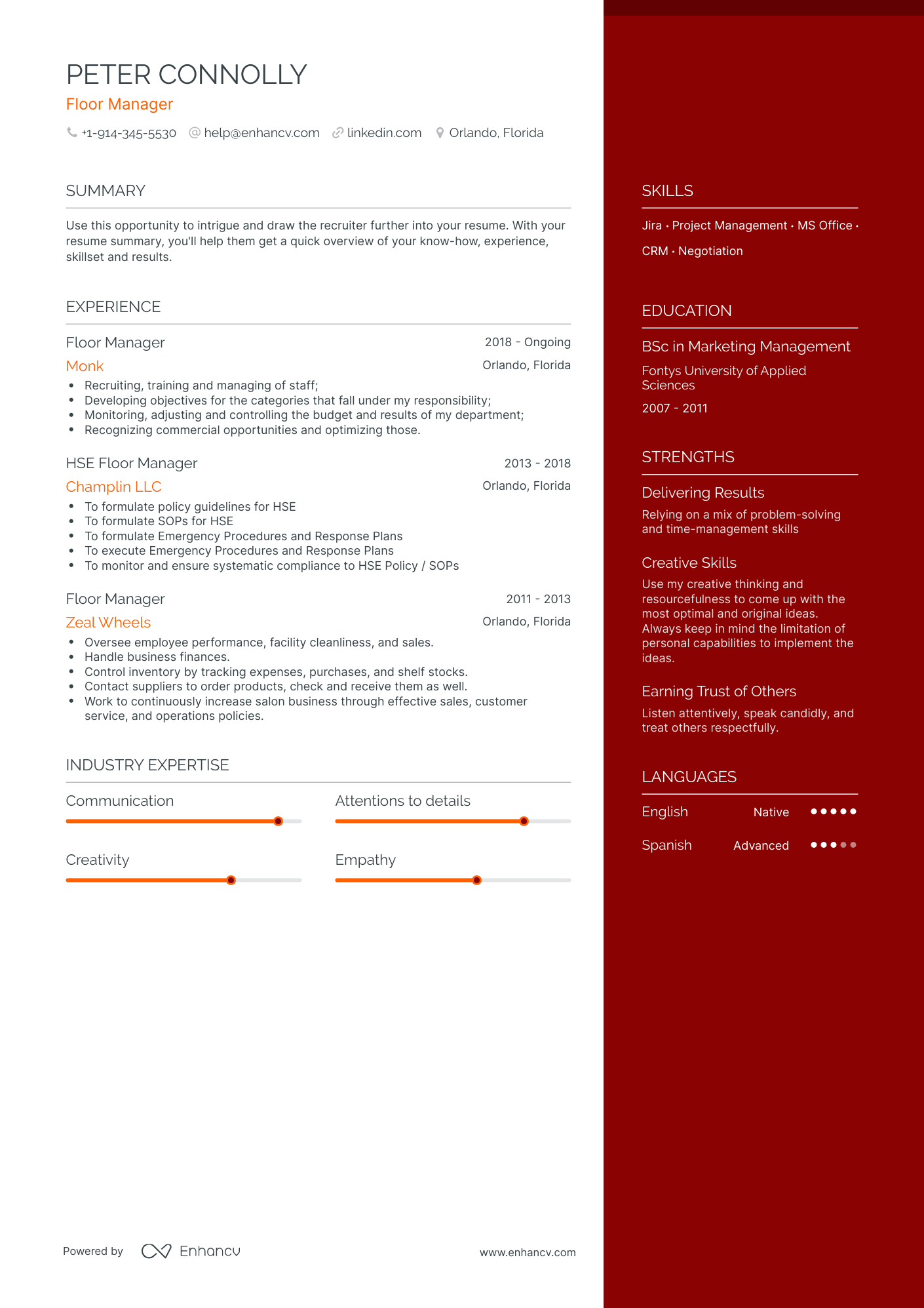 One Page Floor Manager Resume Template