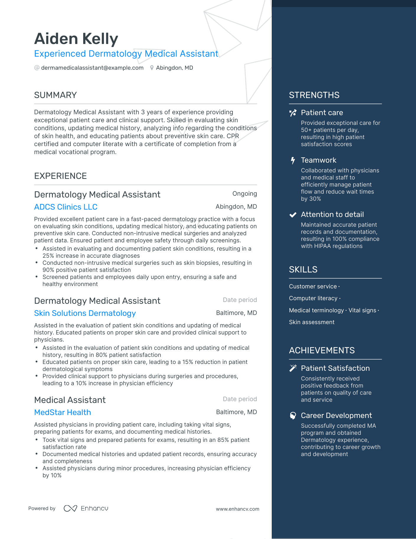 One Page Dermatology Medical Assistant Resume Template