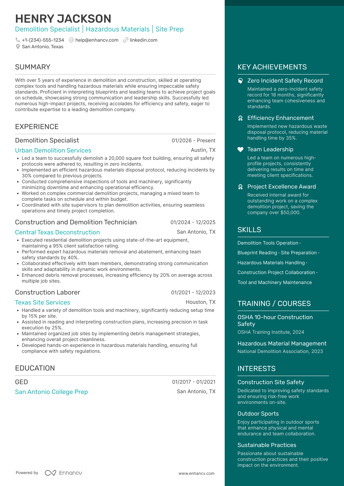 A resume example of a Demolition Construction Worker