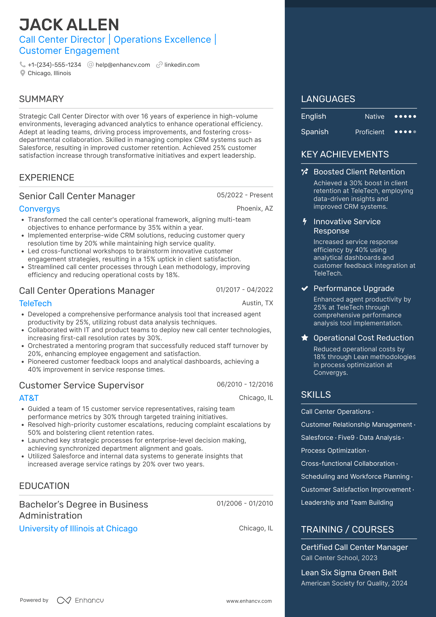 A resume example of a Call Center Director