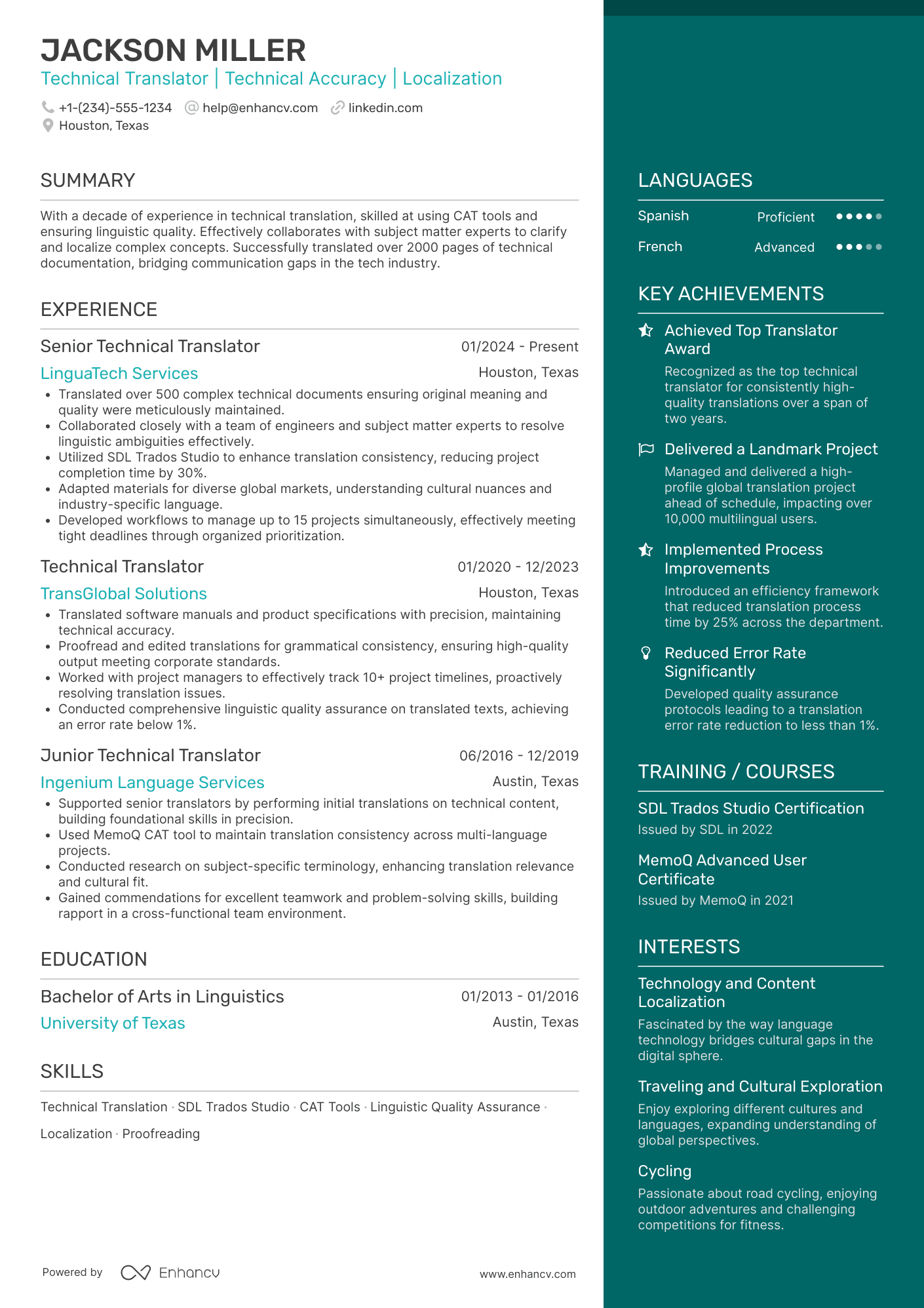 A resume example of a Technical Translator