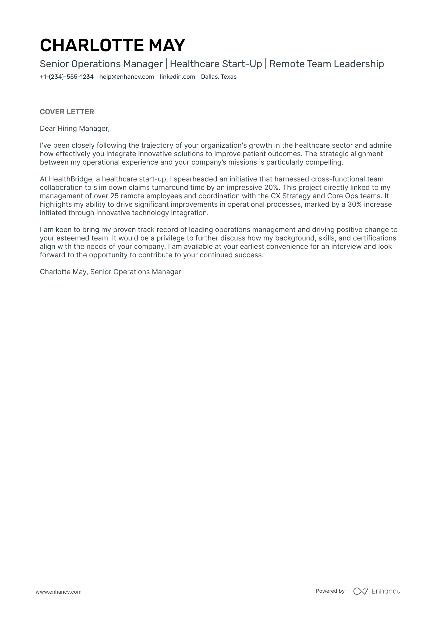 operations manager cover letter example