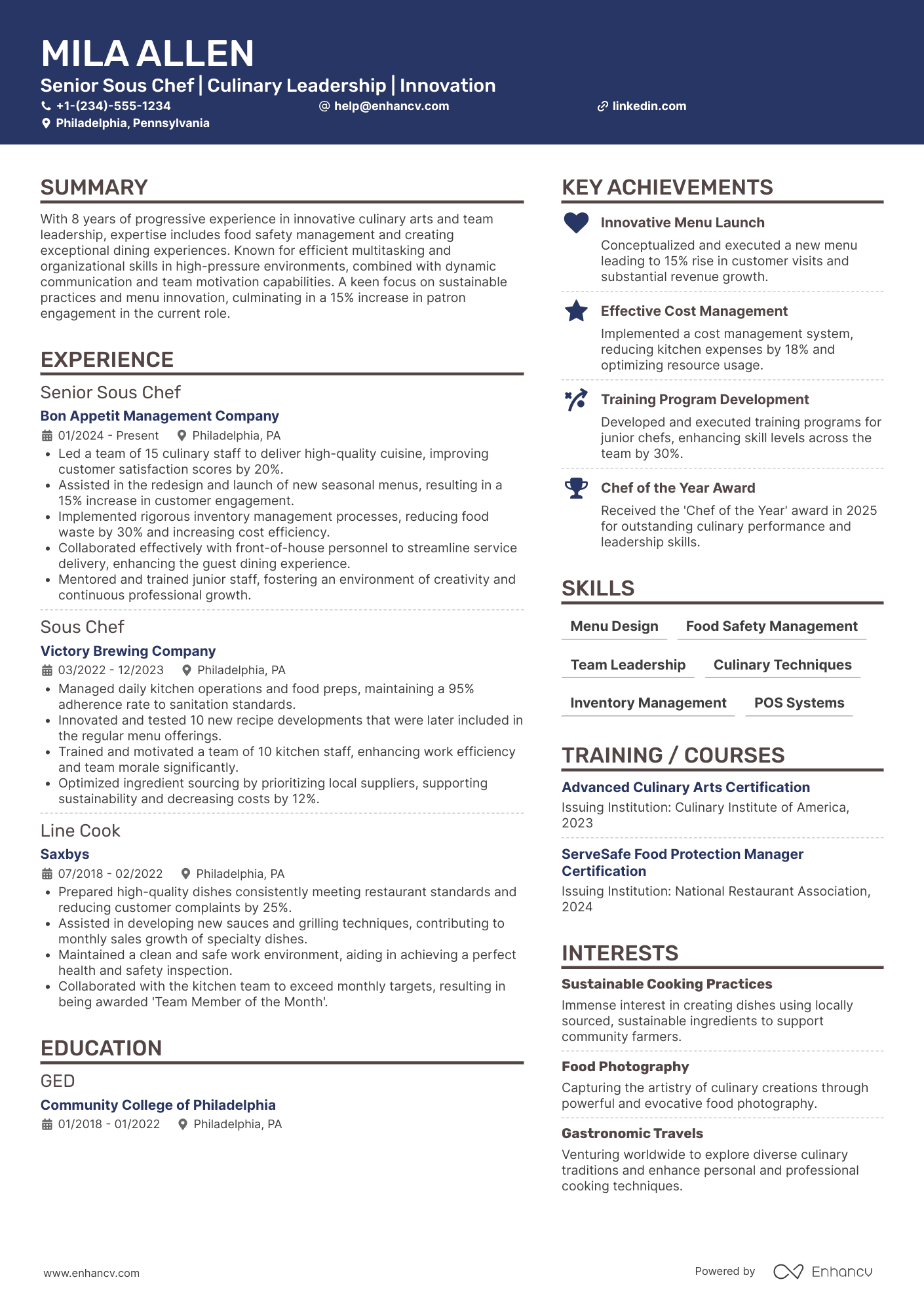 A resume example of a Senior Sous Chef