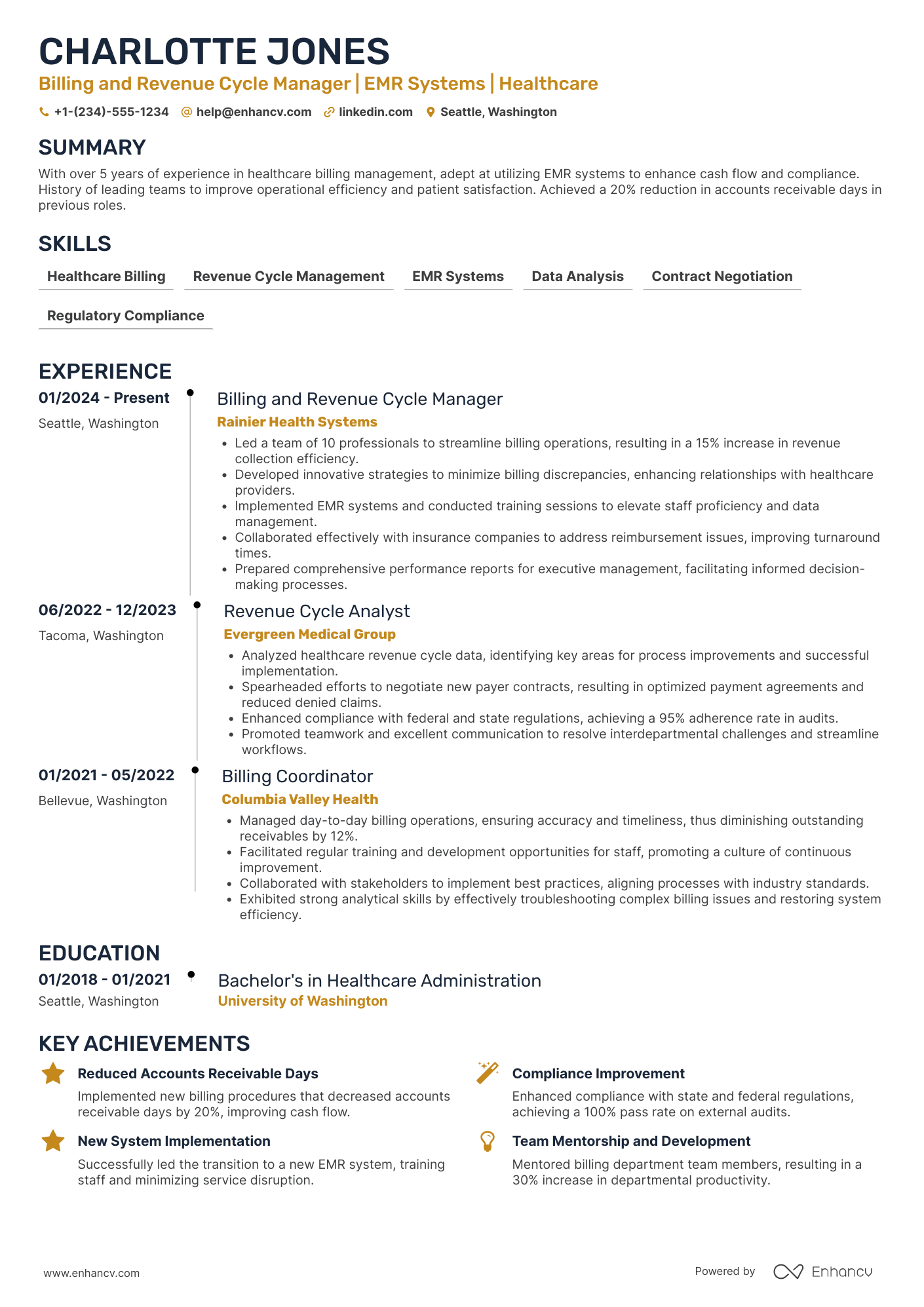 A resume example of a Billing and Revenue Cycle Manager