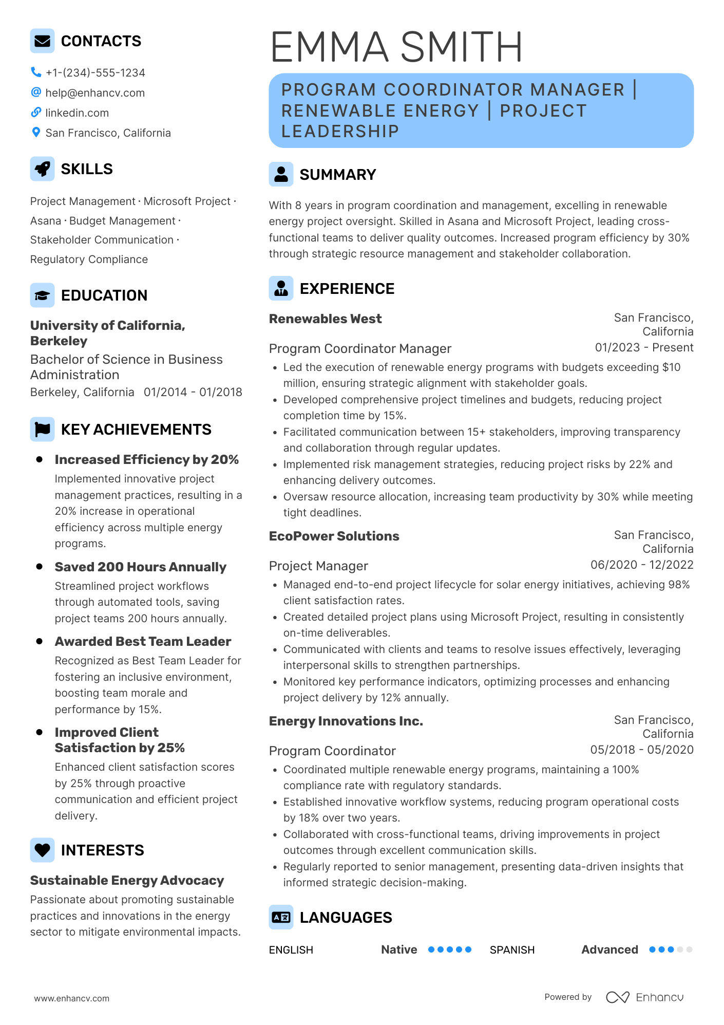 A resume example of a Program Coordinator Manager