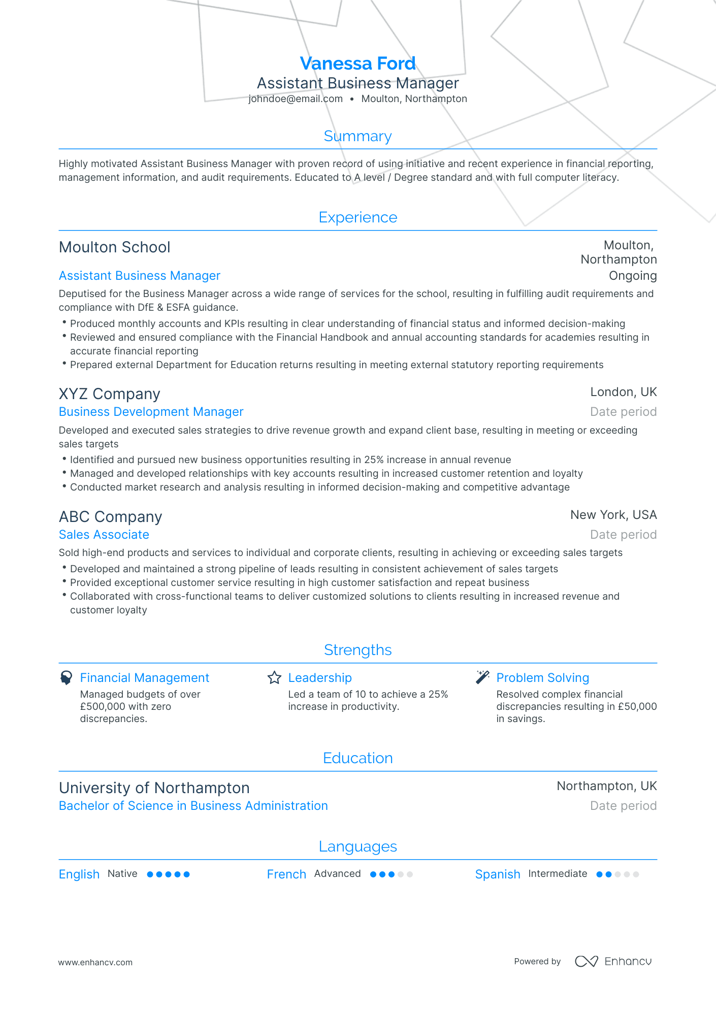 Traditional Assistant Business Manager Resume Template