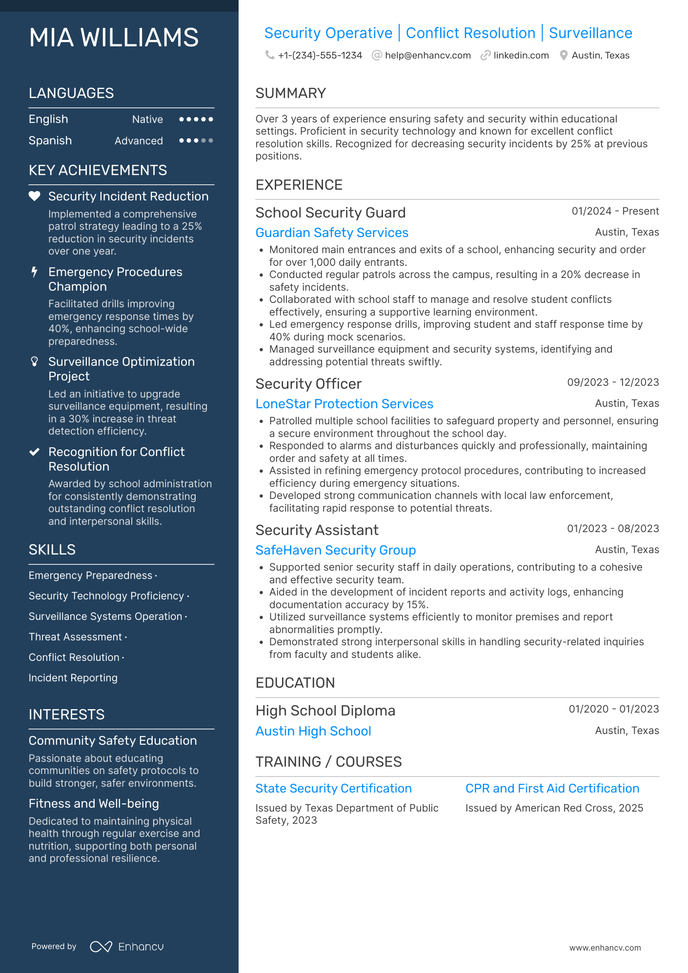 A resume example of a School Security Guard