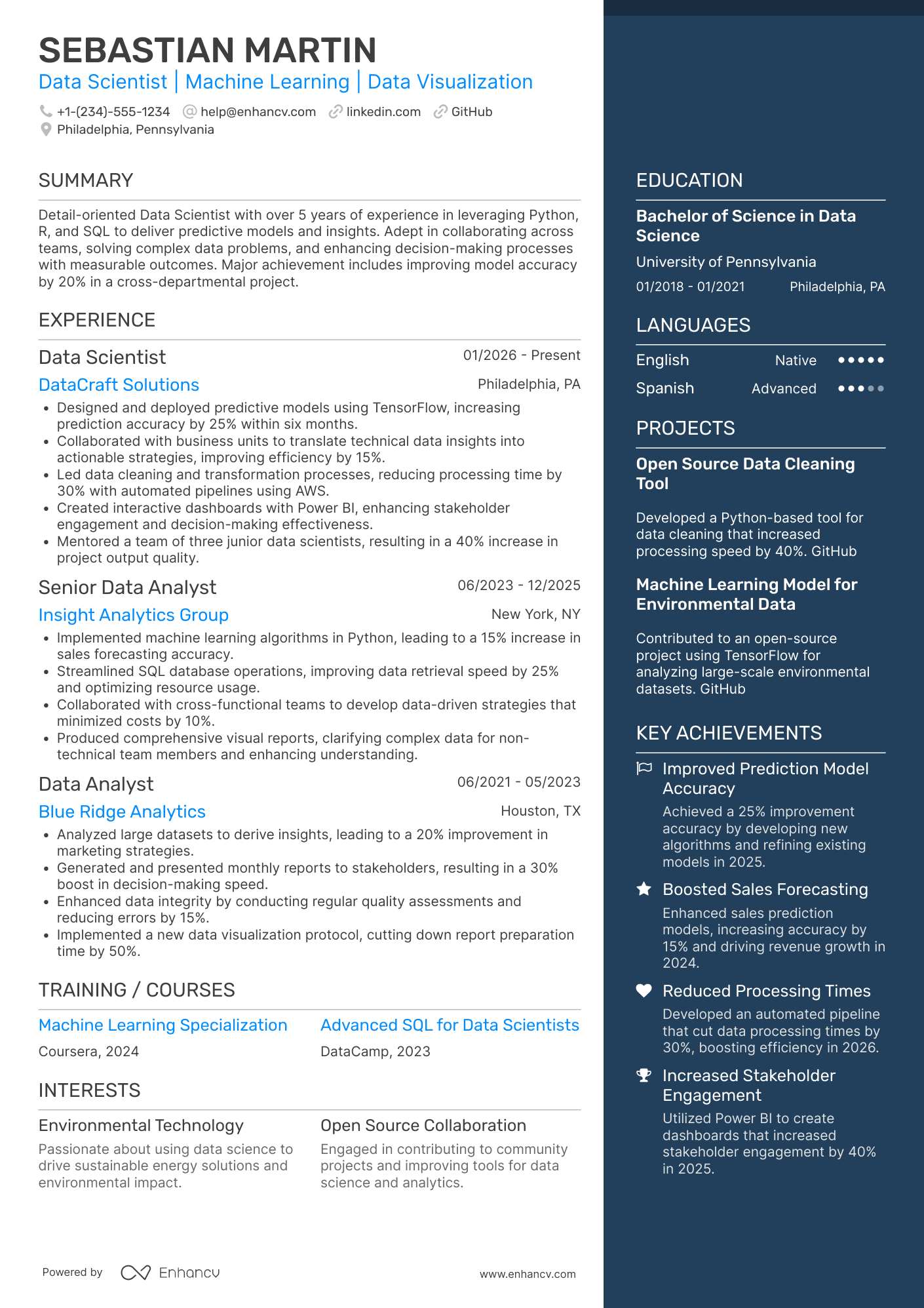 A resume example of a Data Scientist