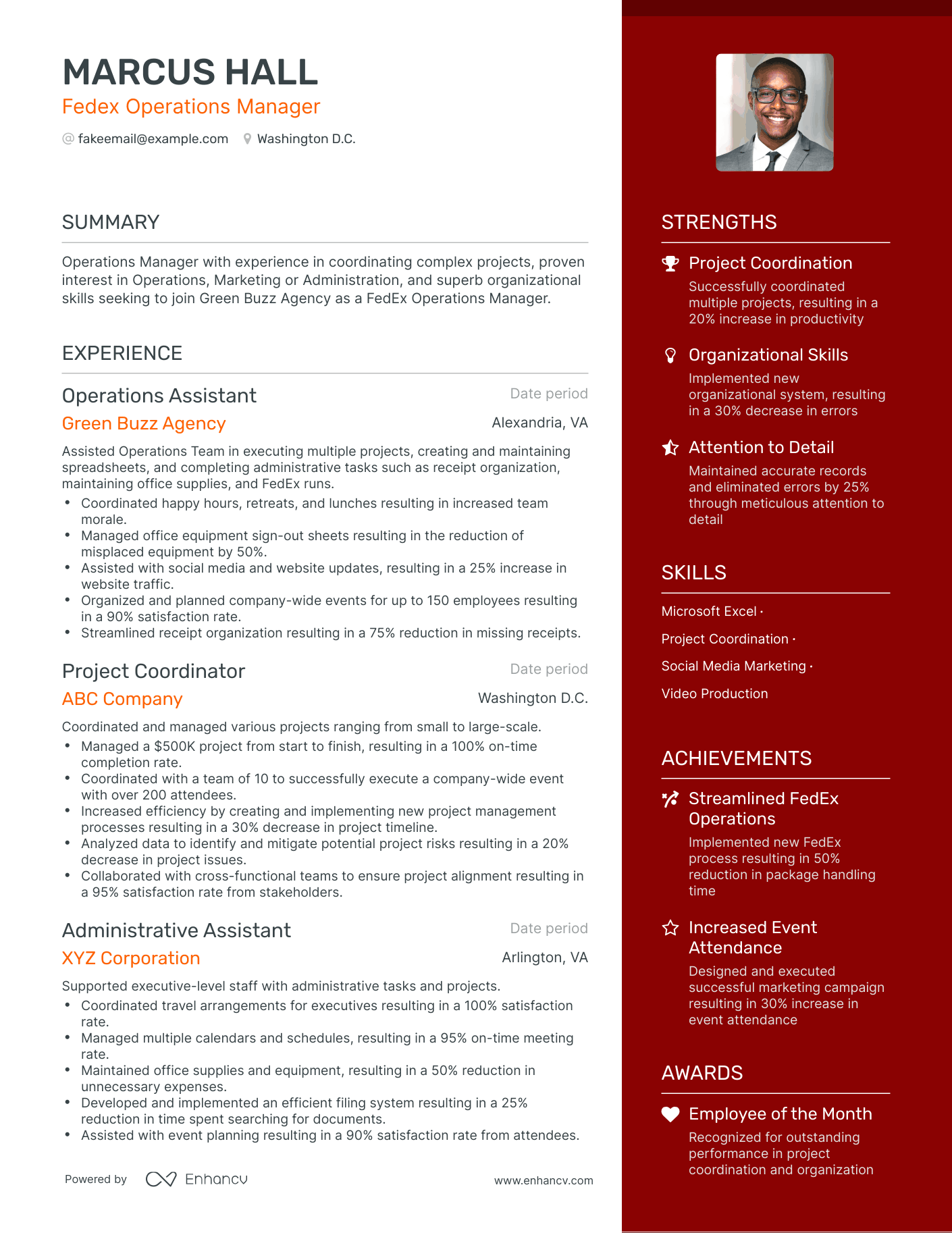 One Page Fedex Operations Manager Resume Template