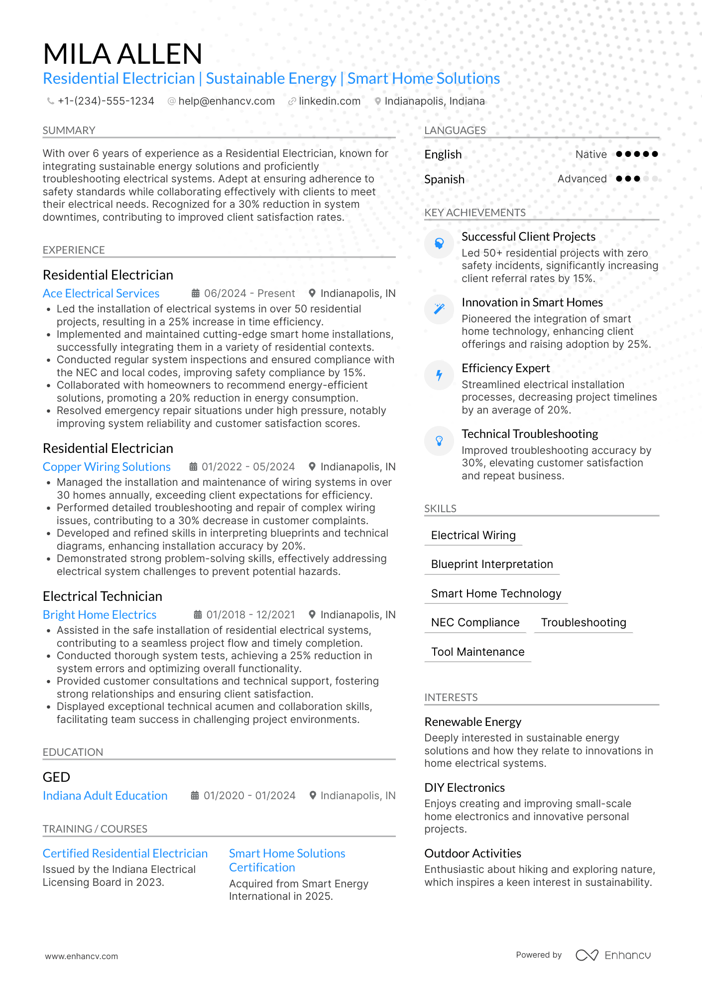 A resume example of a Residential Electrician