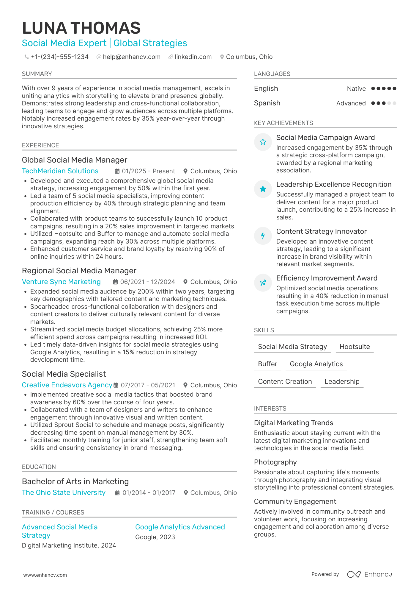 A resume example of a Global Social Media Manager