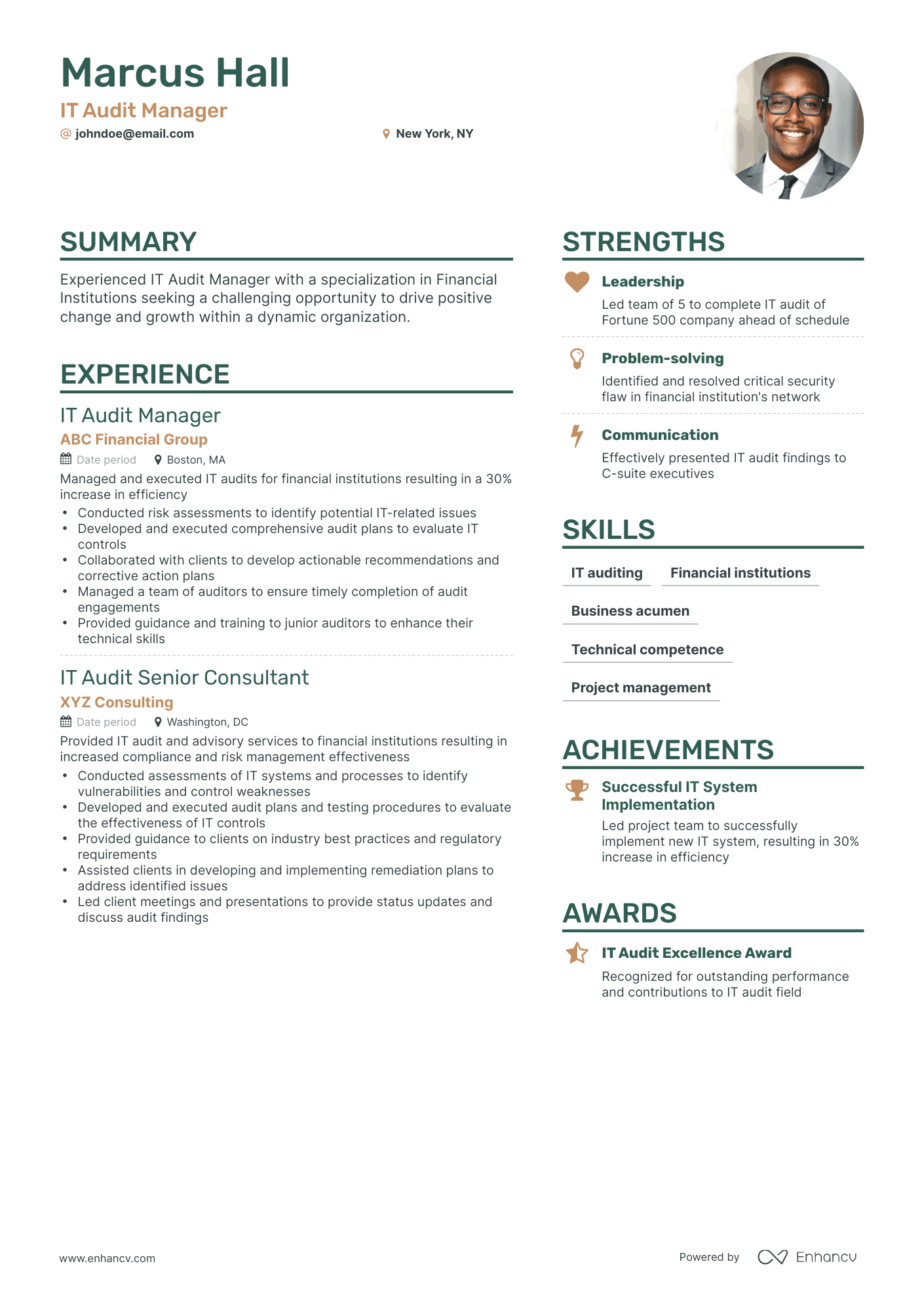 Simple IT Audit Manager Resume Template