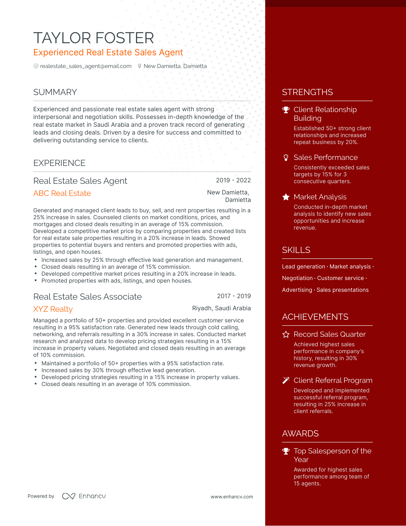 One Page Real Estate Sales Resume Template
