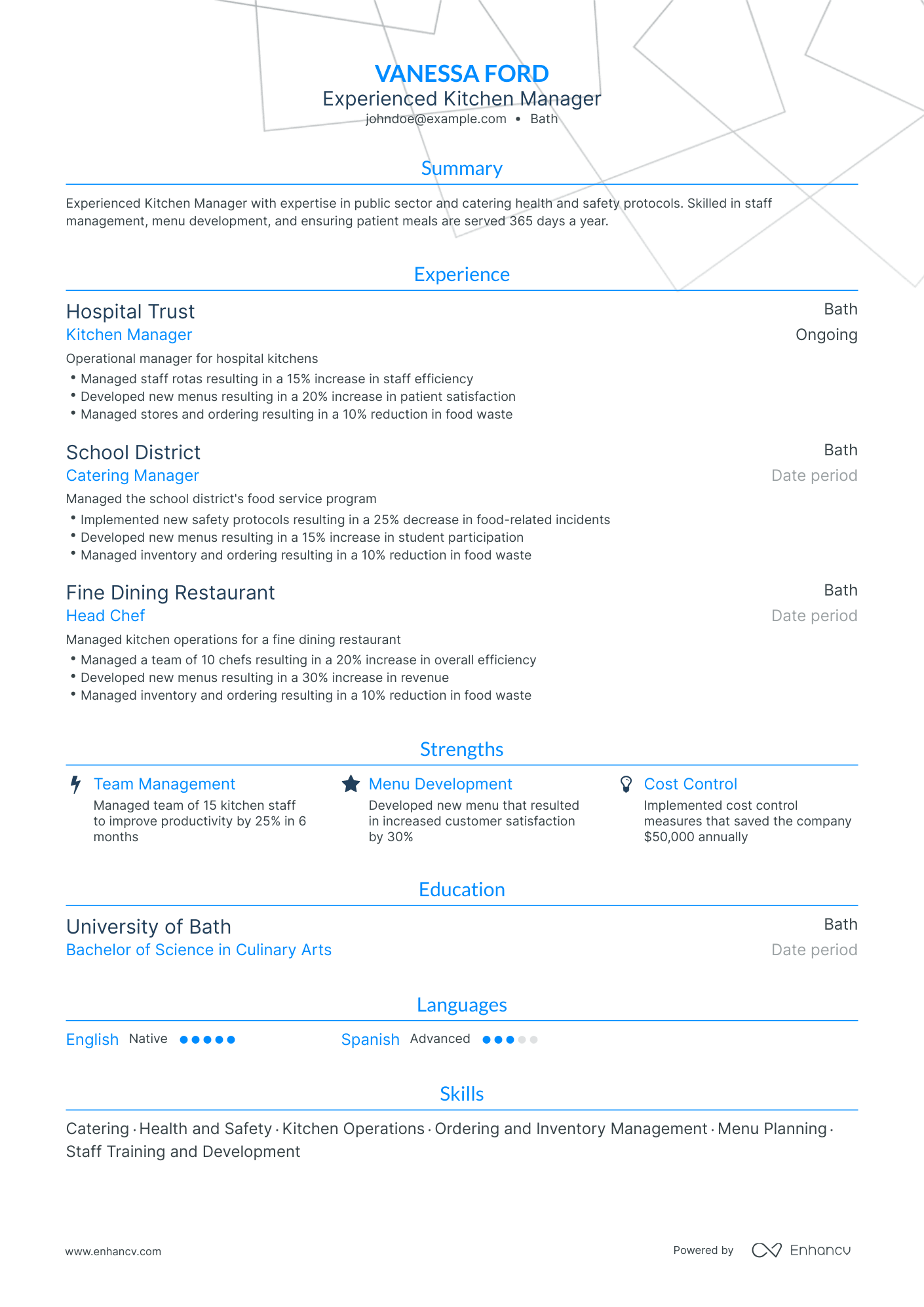 Traditional Kitchen Manager Resume Template