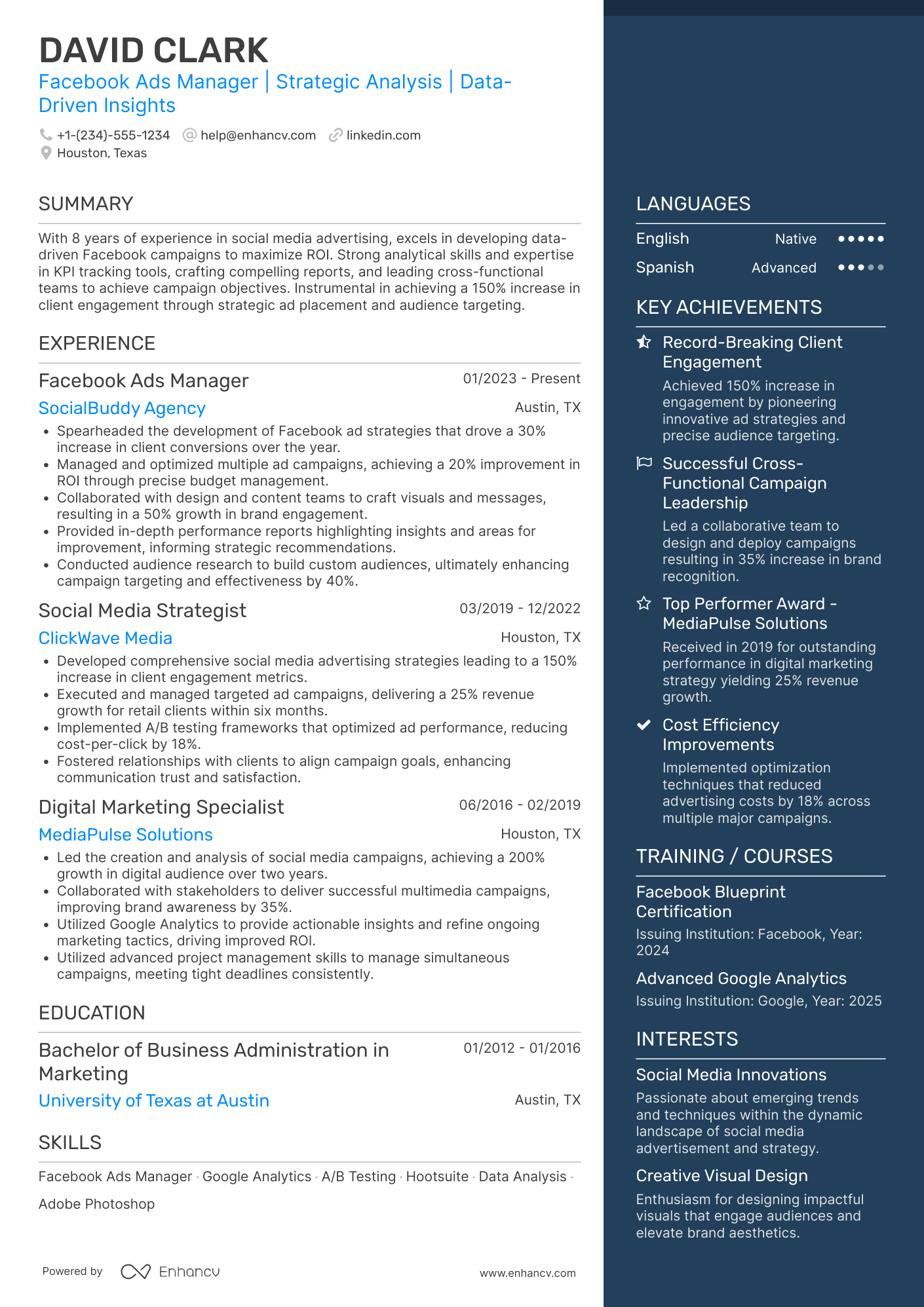 A resume example of a Facebook Ads Manager