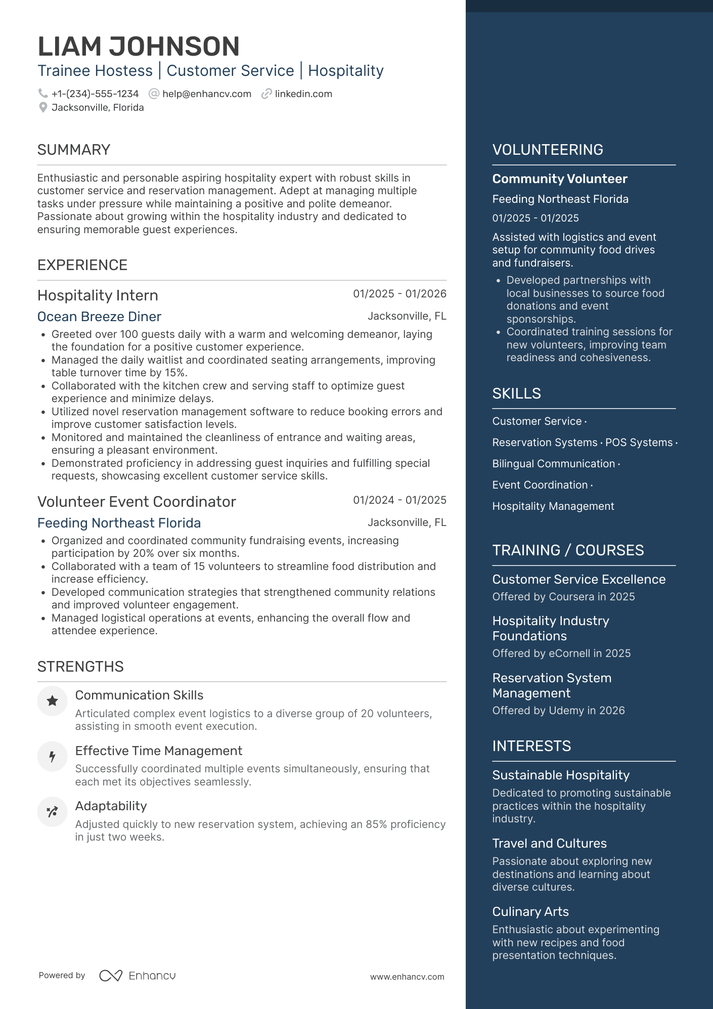 A resume example of a Trainee Hostess