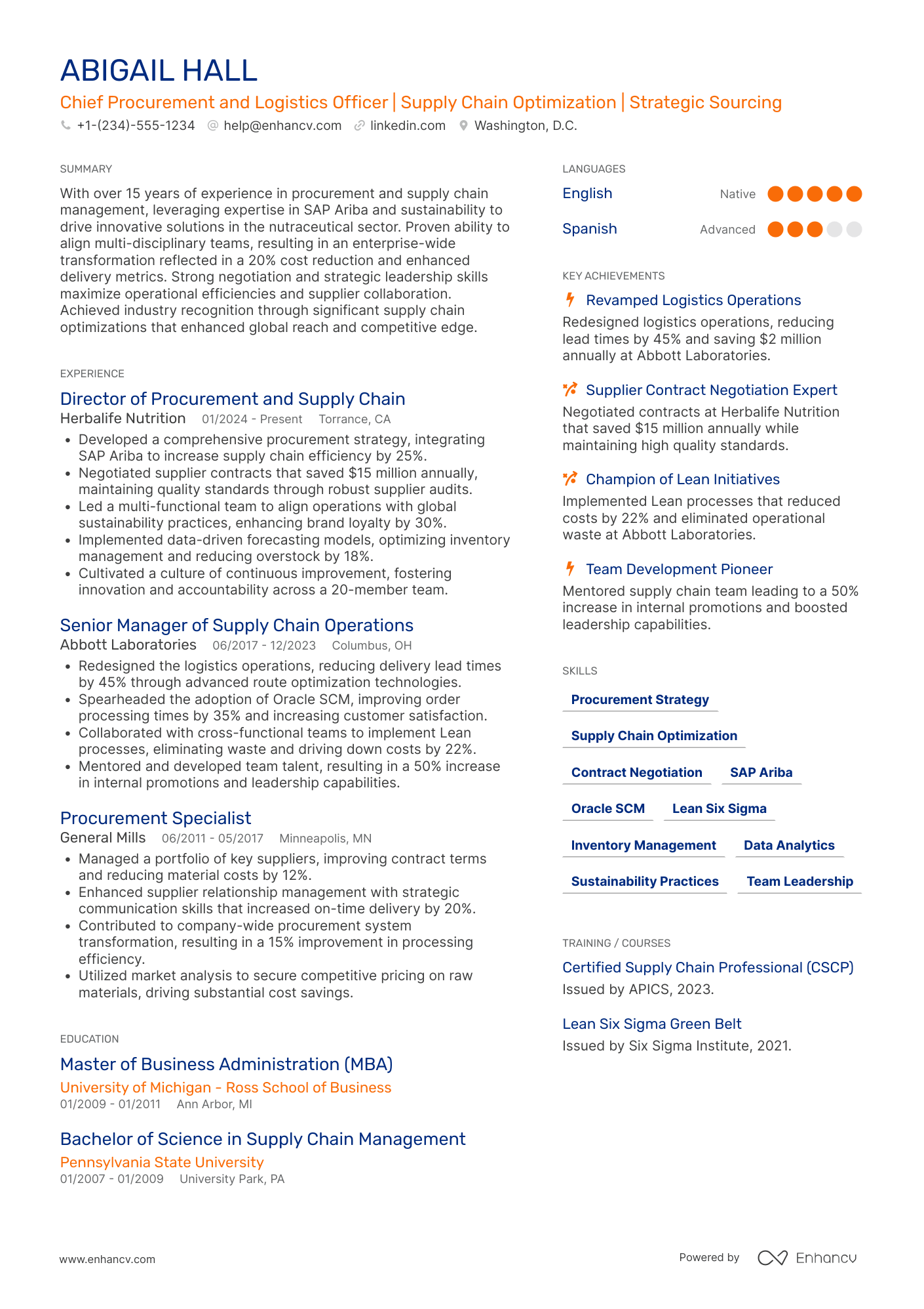 A resume example of a Chief Procurement and Logistics Officer