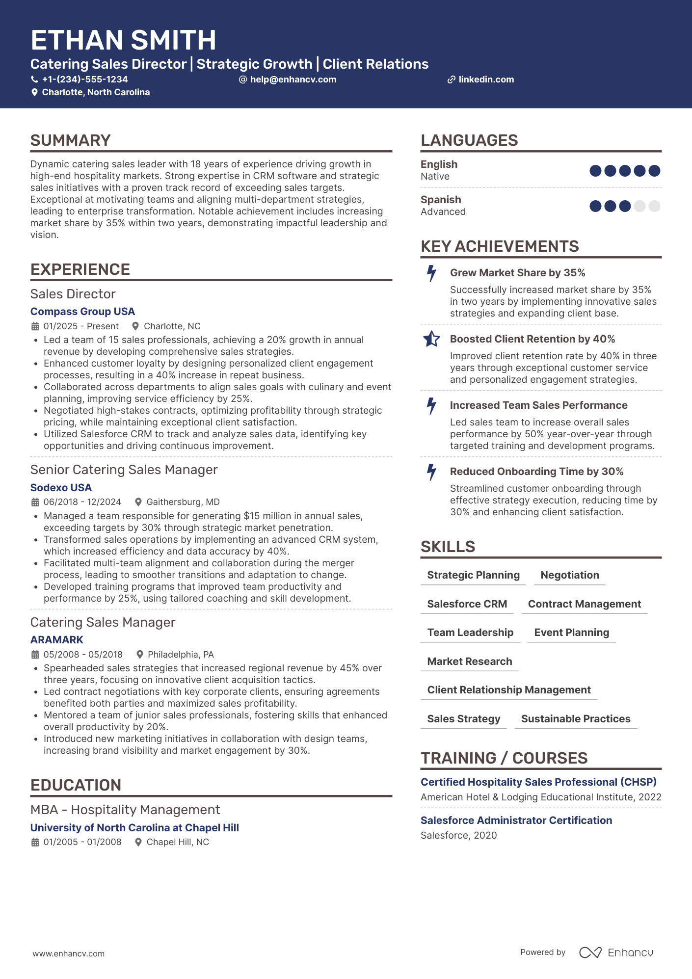 A resume example of a Catering Sales Director