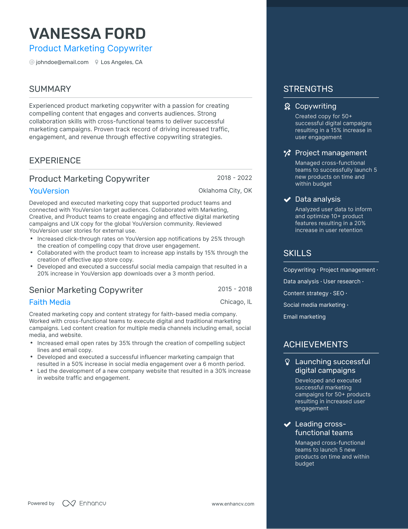 One Page Product Marketing Resume Template