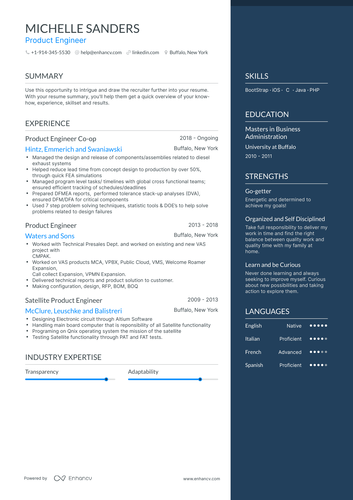 One Page Product Engineer Resume Template