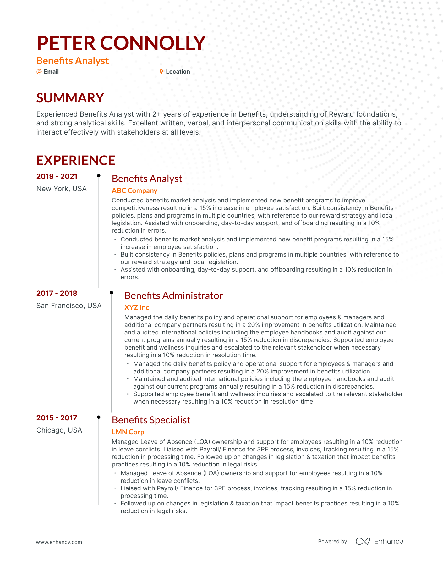 Timeline Benefits Analyst Resume Template