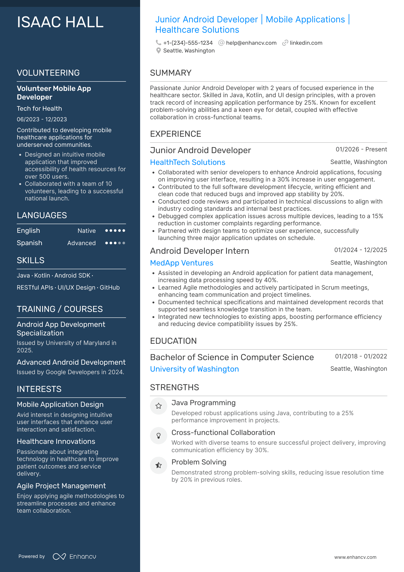 A resume example of a Junior Android Developer