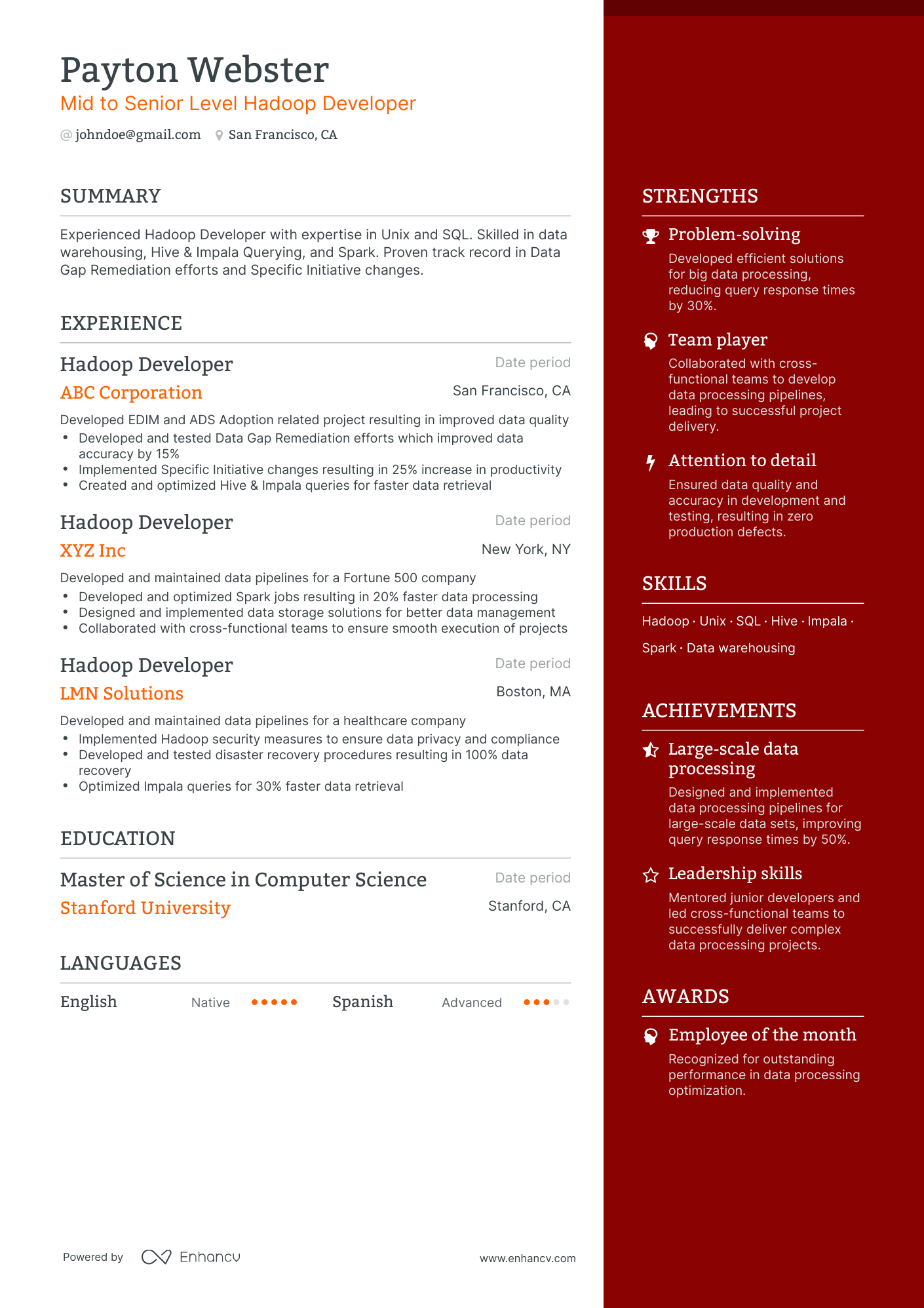 One Page Hadoop Developer Resume Template