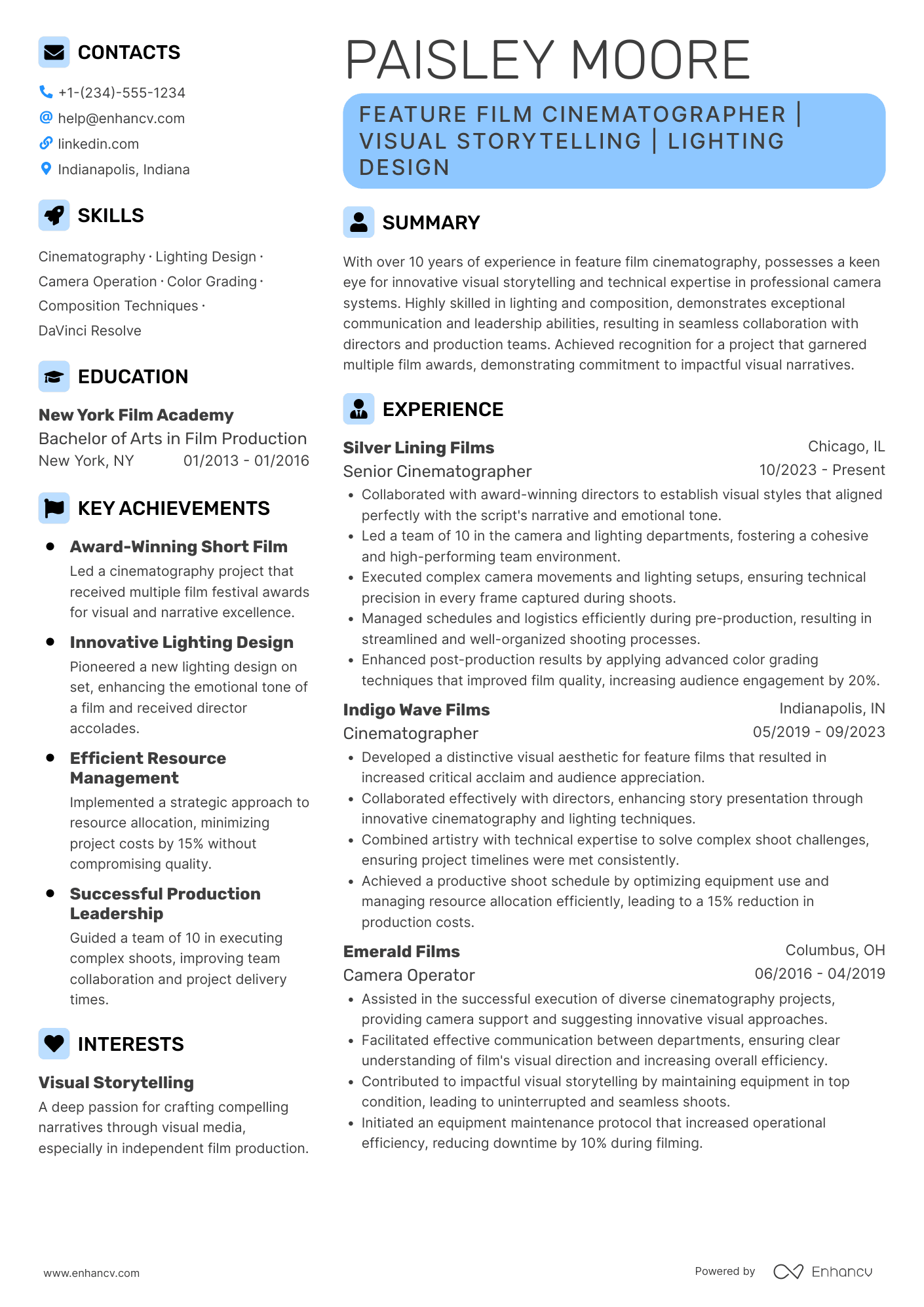 A resume example of a Feature Film Cinematographer
