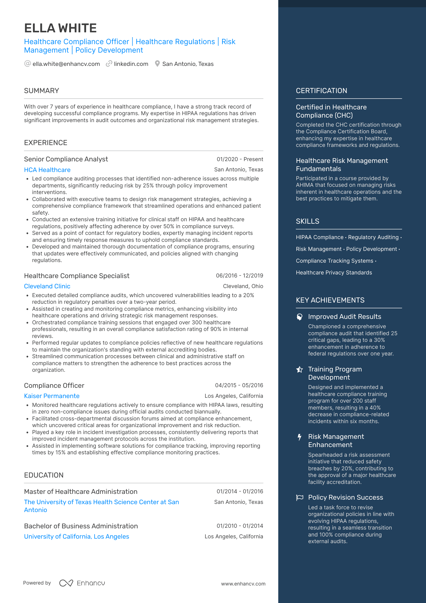 A resume example of a Healthcare Compliance Officer